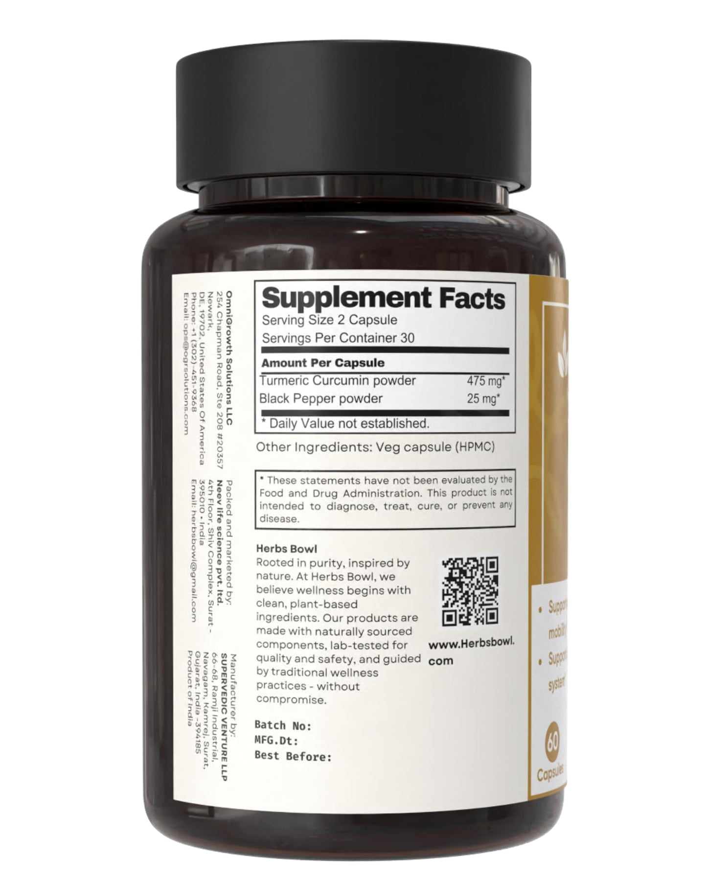 Herb'sbowl Turmeric Curcumin Capsules with Black Pepper 60 Count