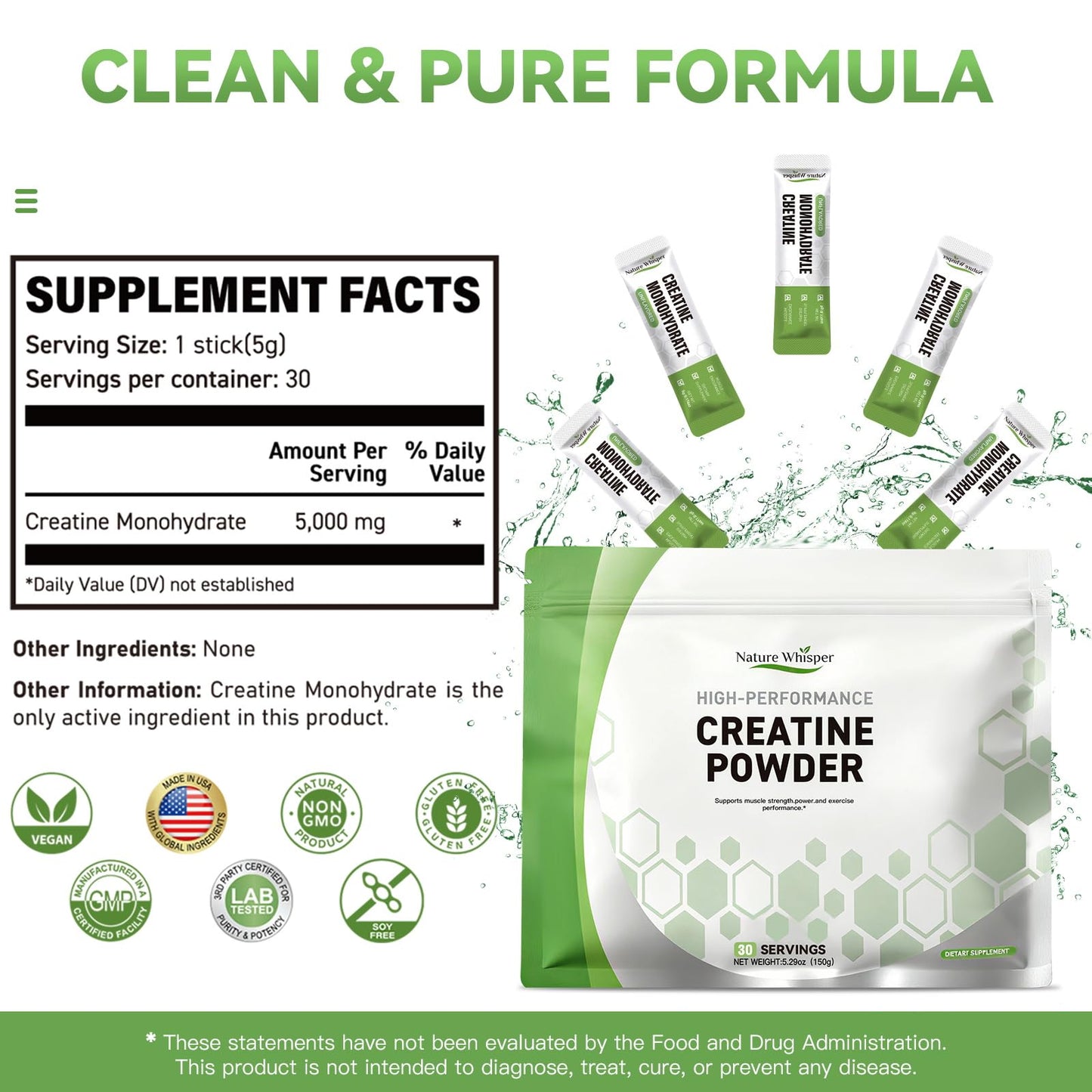 Nature Whisper Creatine Monohydrate Powder Travel Packs 5.29 oz