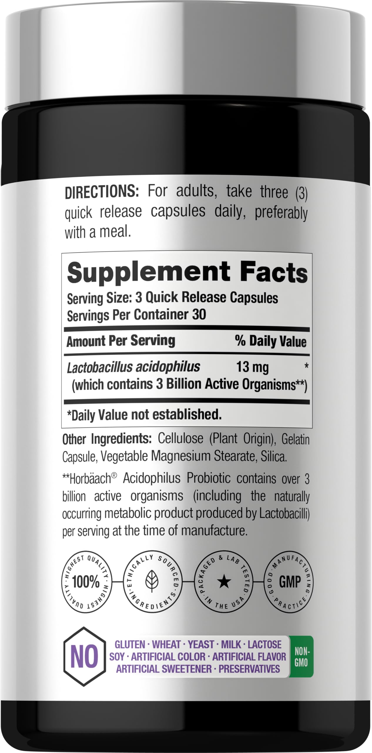 Horbäach Probiotic for Women & Men's Digestive Health 3 Billion CFU, 90 Capsules