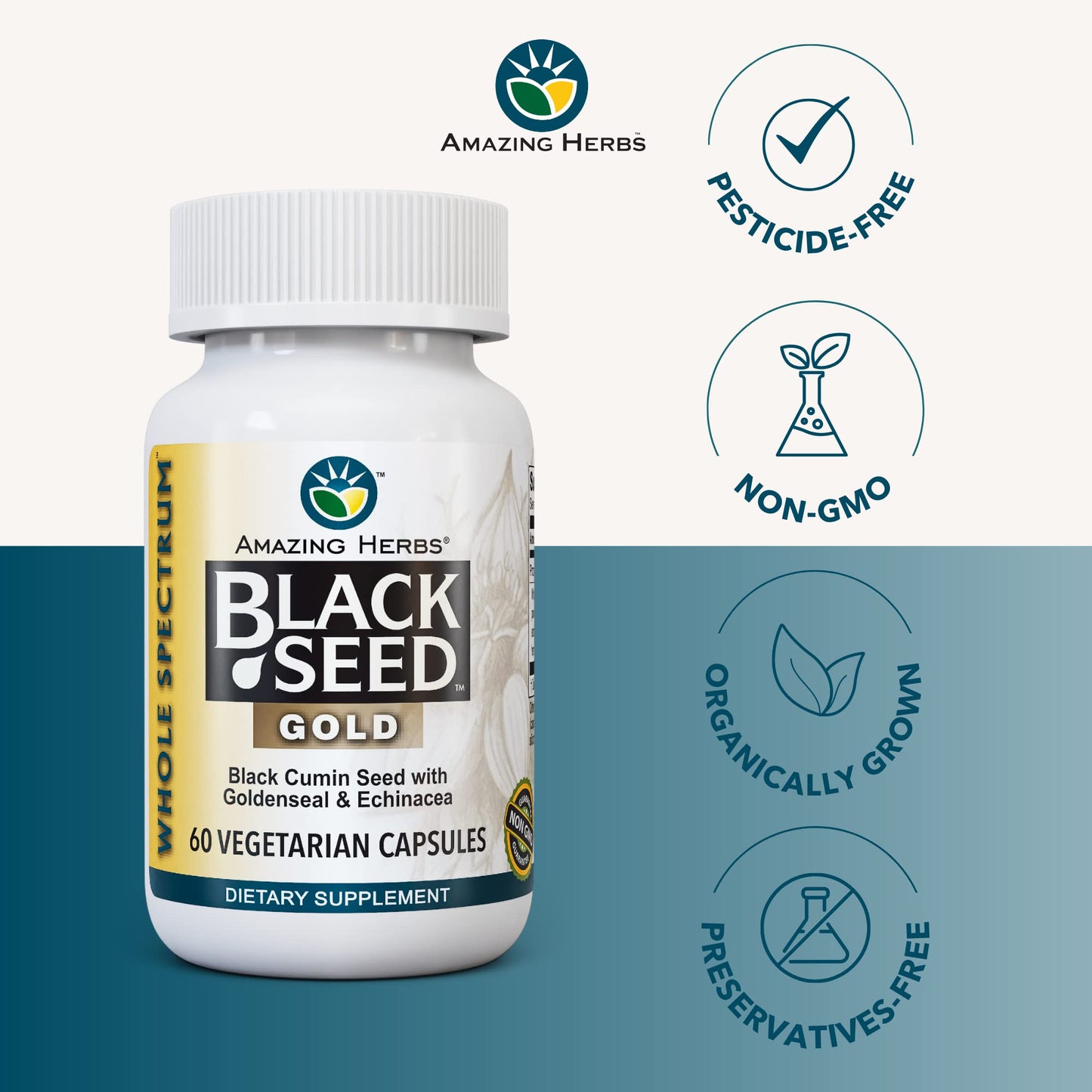 Amazing Herbs Whole Spectrum Black Seed Gold Black Cumin Seed Capsule, 60 Count