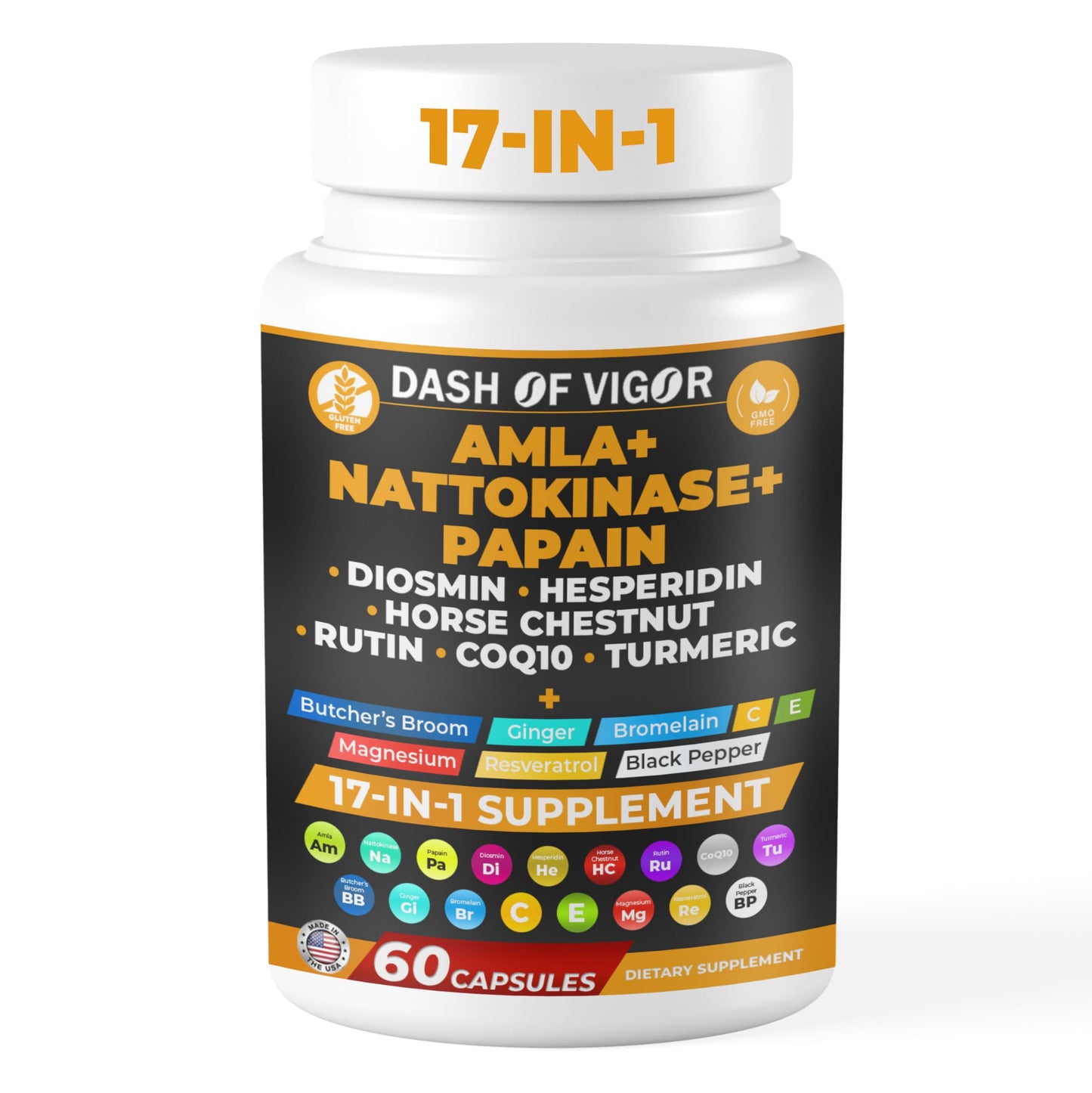 DASH OF VIGOR DOFV Amla Extract, Nattokinase, Papain, Diosmin, Hesperidin, Butchers Broom, Horse Chestnut, CoQ10, Turmeric, Vitamin C and Rutin, 60 Capsules