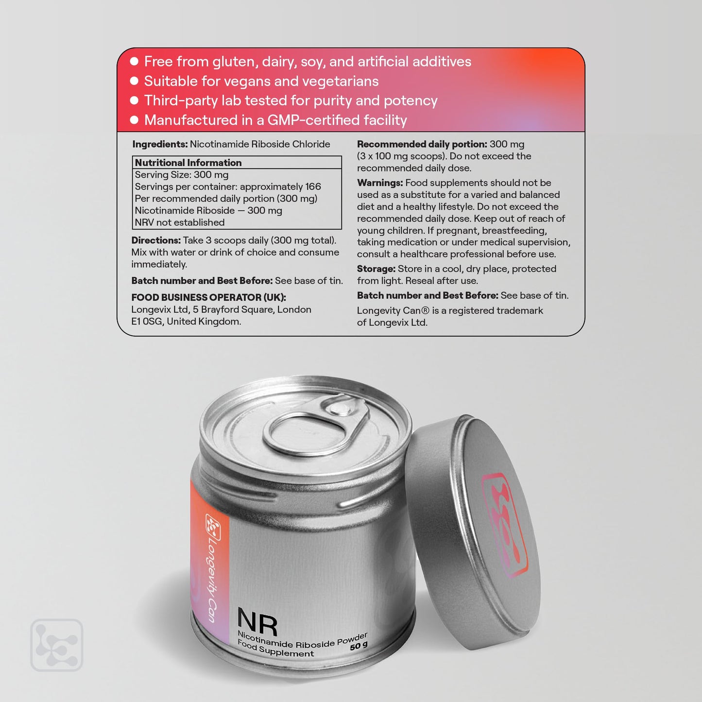 Longevity Can Nicotinamide Riboside Chloride Powder 1.76 oz