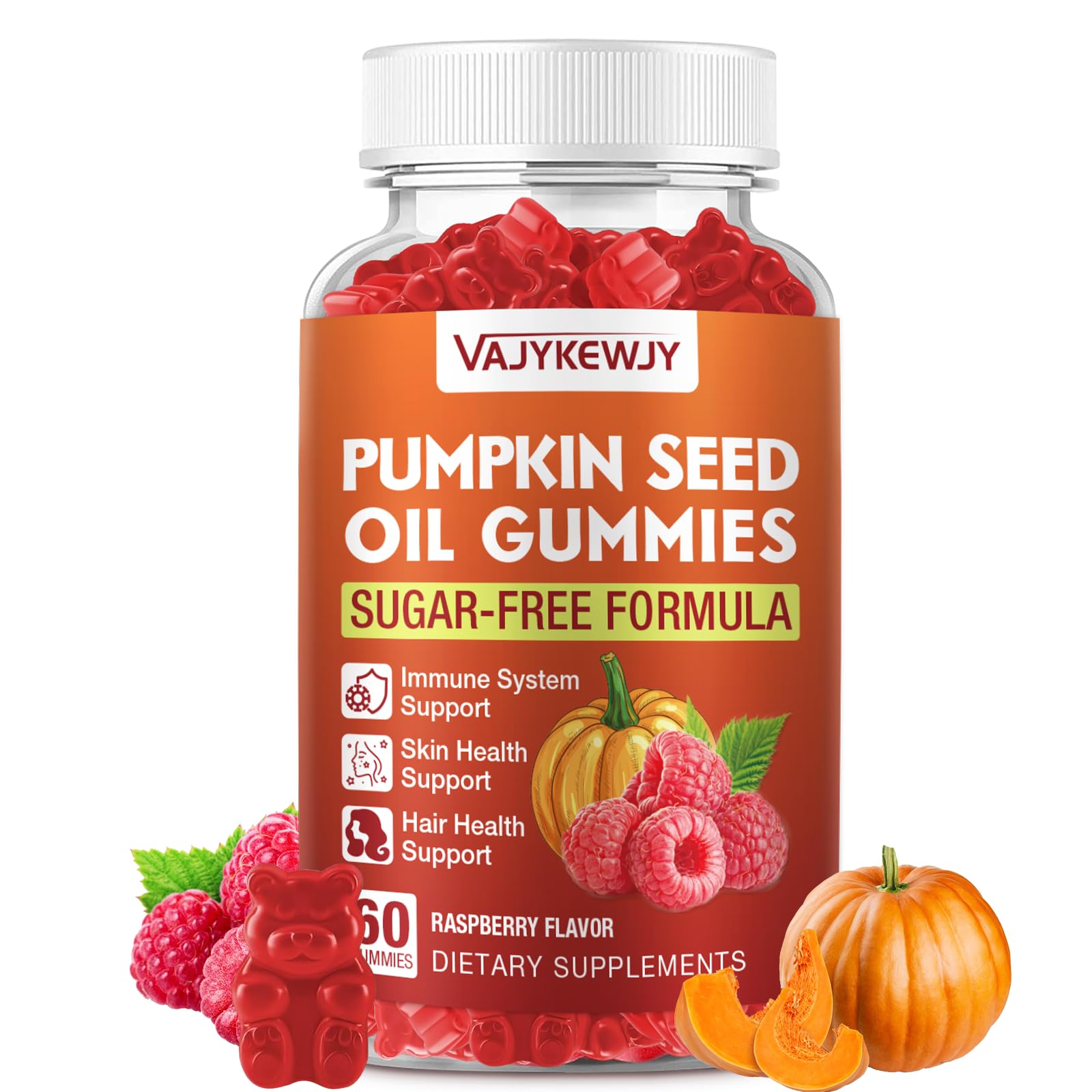 VAJYKEWJY Pumpkin Seed Oil & Saw Palmetto Gummies - Hair Growth & Skin Health Supplement with High-Purity Extract for Women & Men, Vegan, Raspberry Flavor, 60 Gummies