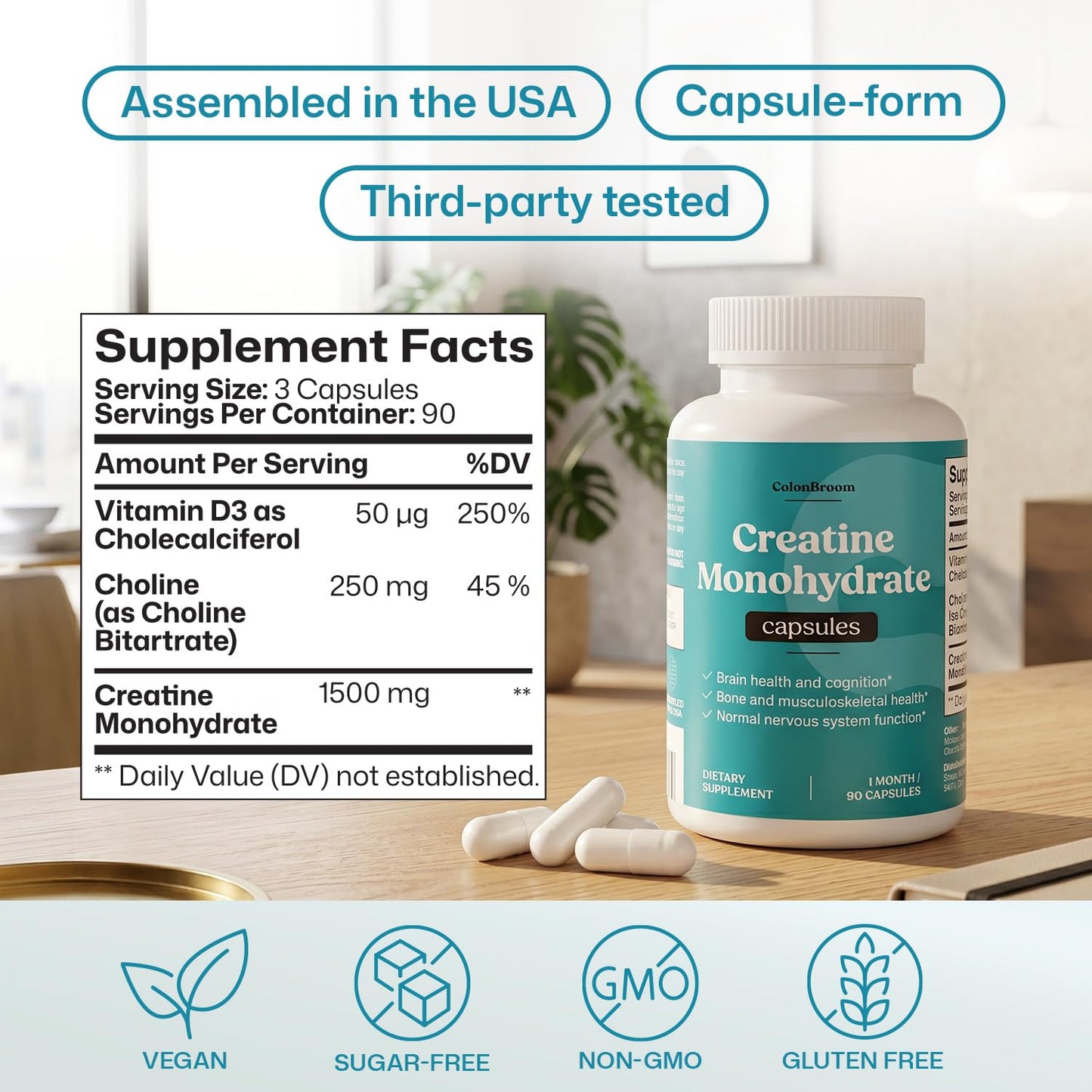 ColonBroom Creatine Monohydrate Capsules 1500 mg, 90 Count