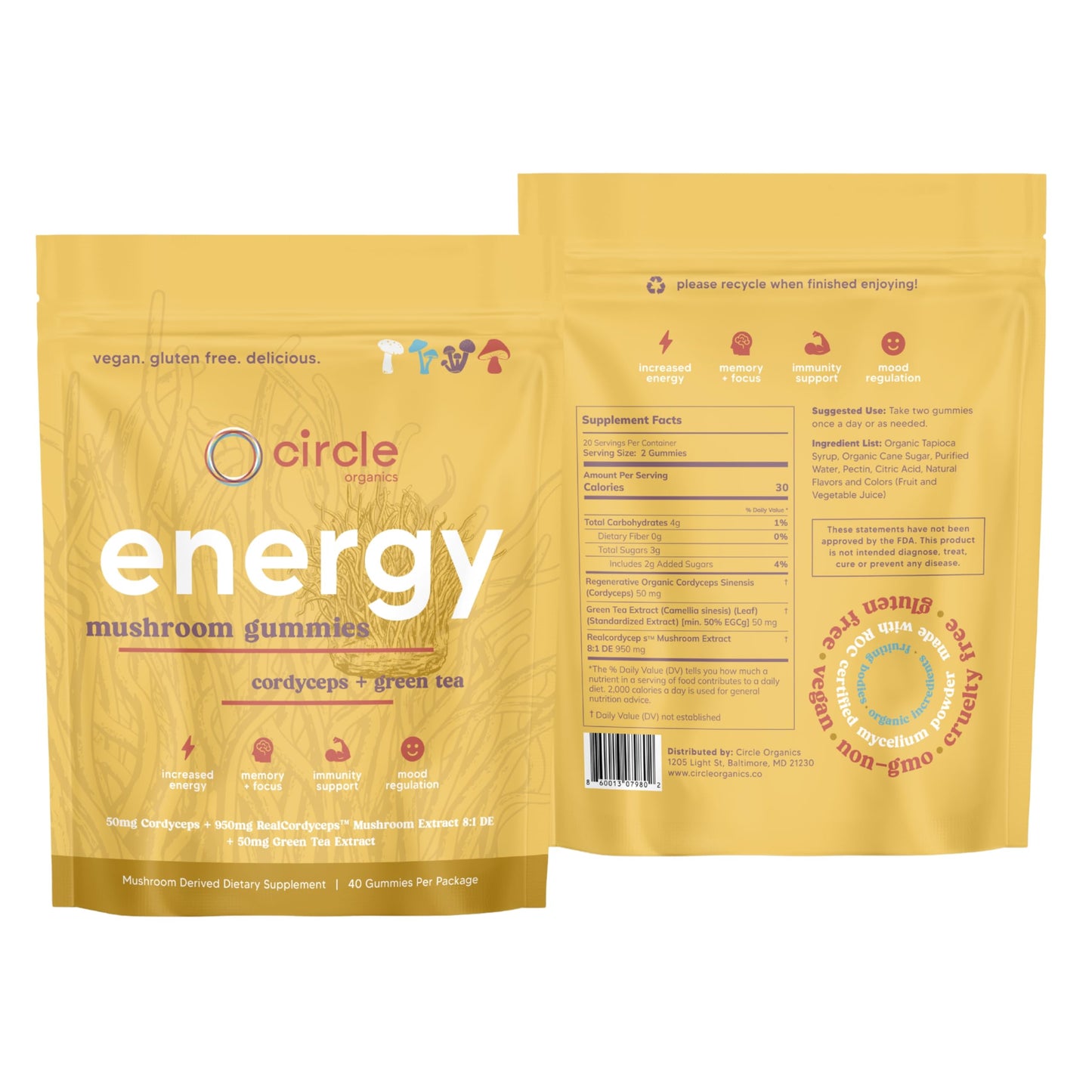 Circle Organics Energy Mushroom Gummies 40 ct