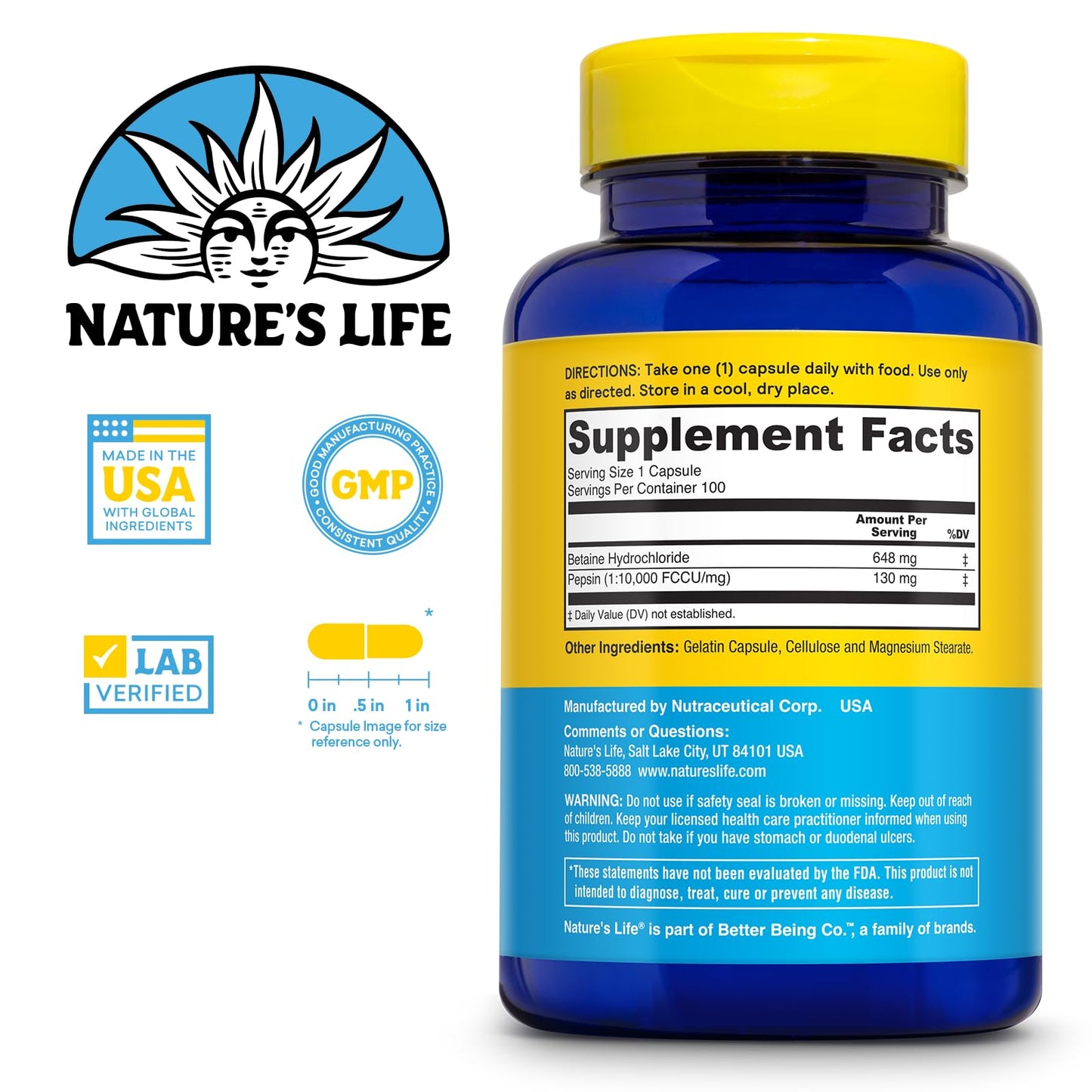 Nature's Life Betaine HCl with Pepsin - Digestive Health Formula with Digestive Enzymes, High Potency Hydrochloric Acid Supplement, 100 Capsules