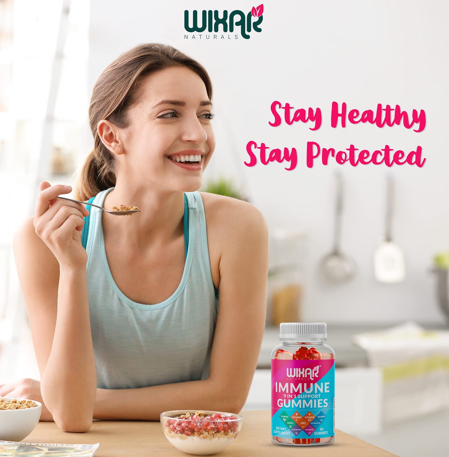 WIXAR NATURALS 9 in 1 Immune Support Gummies with Elderberry, Vitamin C&D, Zinc, Turmeric, Ginger, Echinacea, Astragalus & Sea Moss, 60 Gummies
