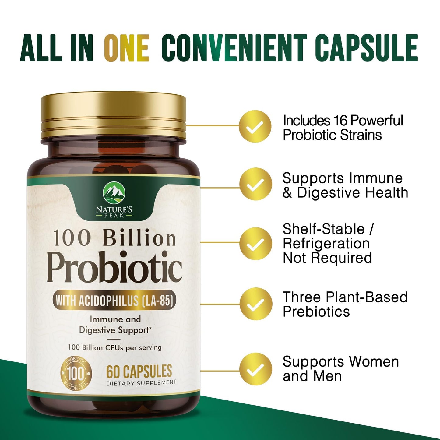 Nature's Peak Probiotics 100 Billion CFU Per Serving - 16 Premium Probiotic Strains Prebiotics, Immune Support, Gut Health, Occasional Constipation, Gas & Bloating, 60 Capsules