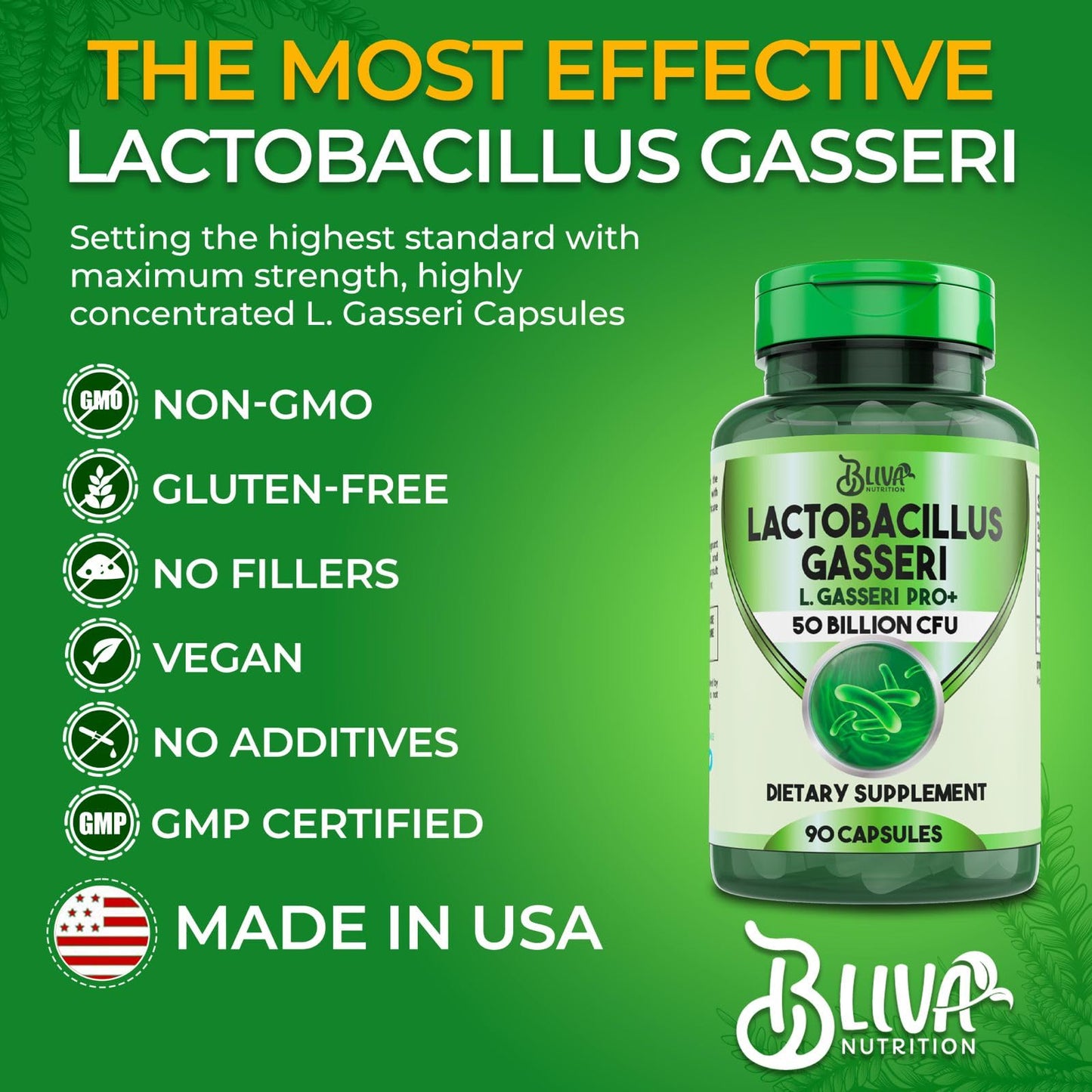 BLIVA NUTRITION Lactobacillus Gasseri Capsules - 50 Billion CFU per Serving - 90 Capsules