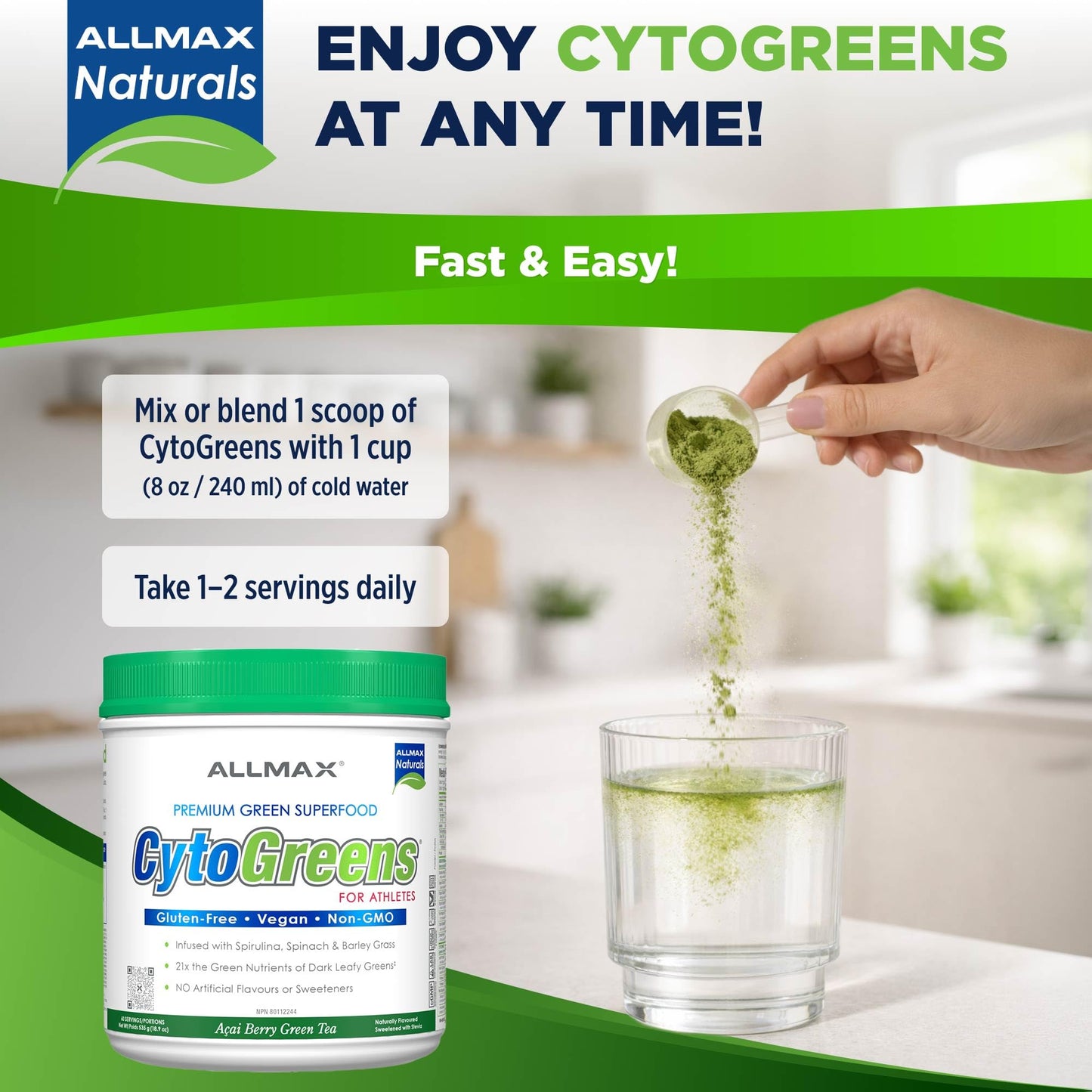 ALLMAX CytoGreens Super Greens Acai Berry Green Tea Powder 18.9 oz