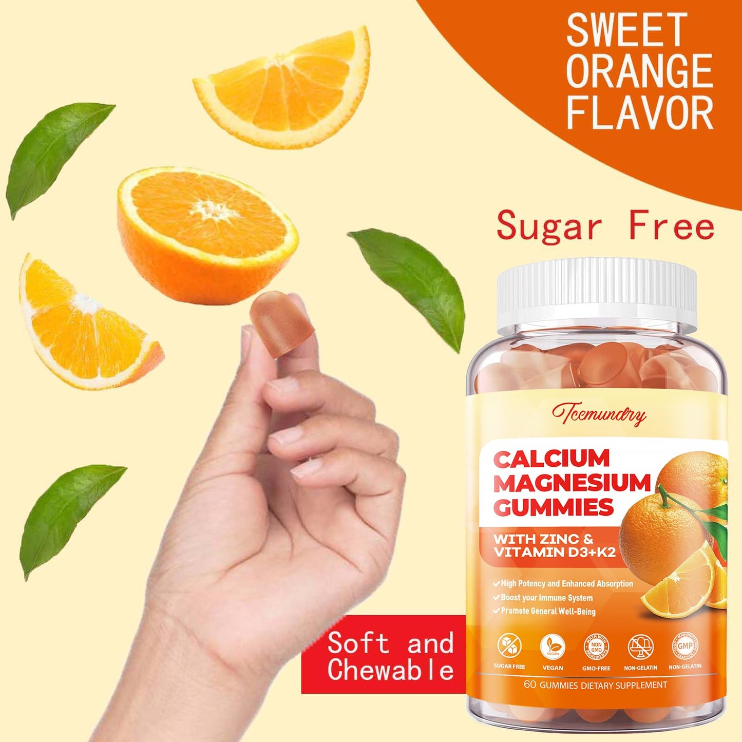 Tcemundry Calcium Magnesium Zinc Gummies with Vitamin D3 & K2, 60 Count