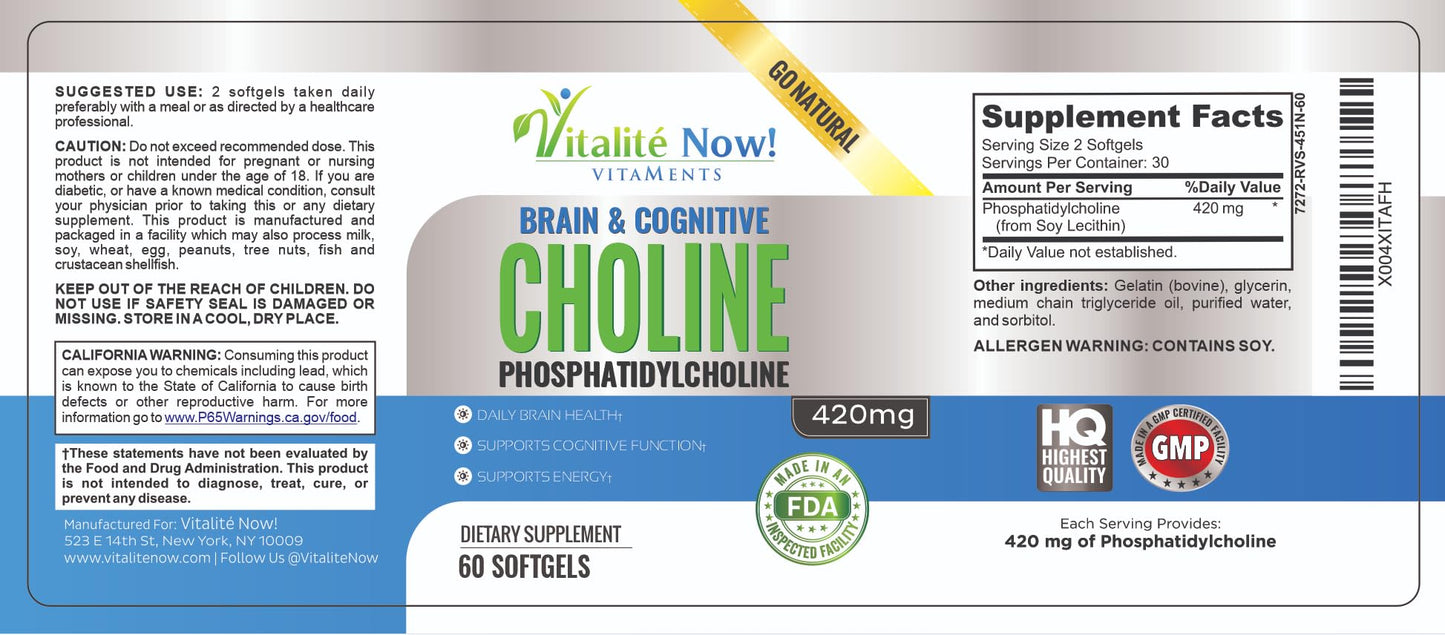 Vitalité Now! Choline Phosphatidylcholine Softgels 420mg, 60 Count