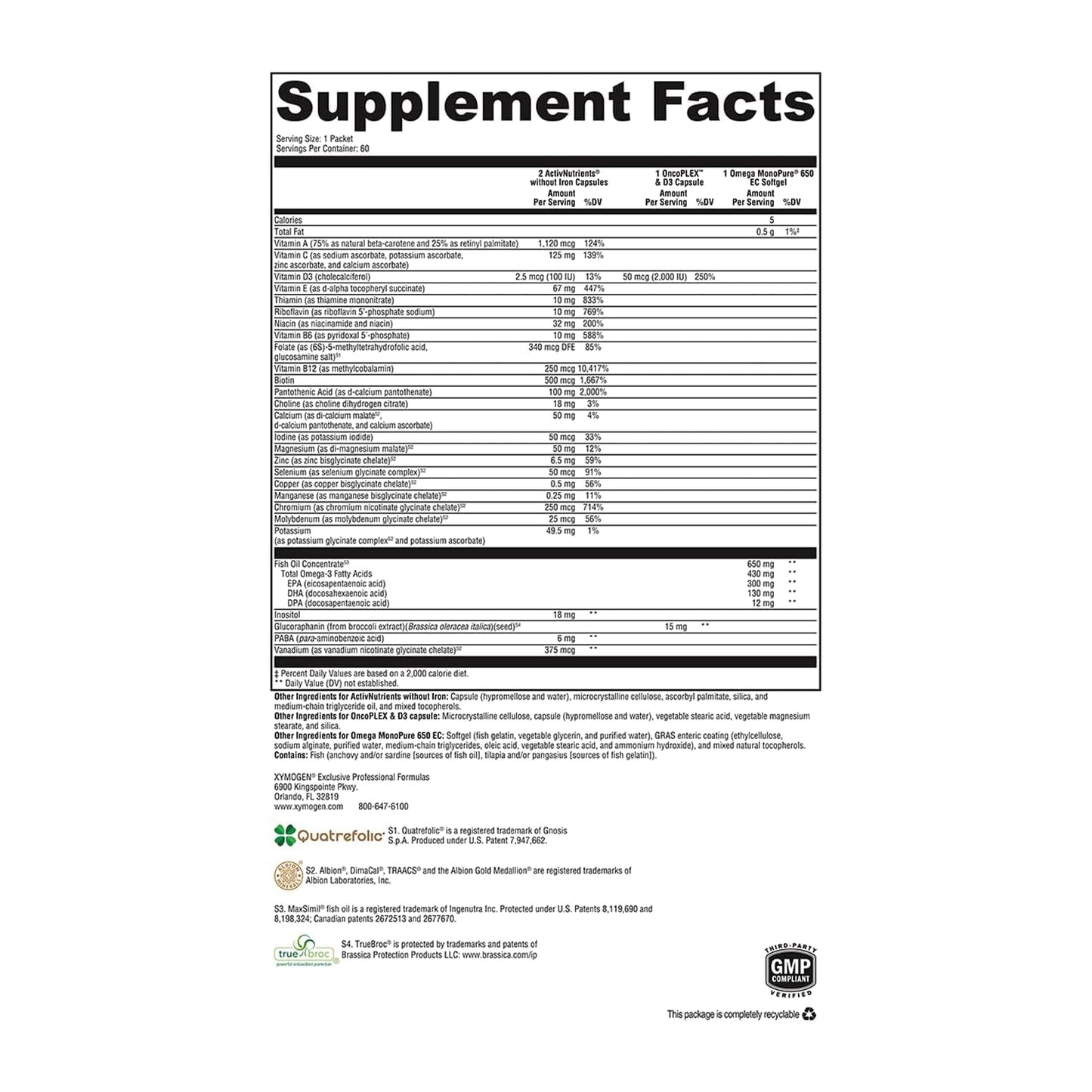 XYMOGEN ActivEssentials with OncoPLEX & D3 Daily Multivitamin, Antioxidant & Omega-3 Nutrition Packets Capsule, 60 Count