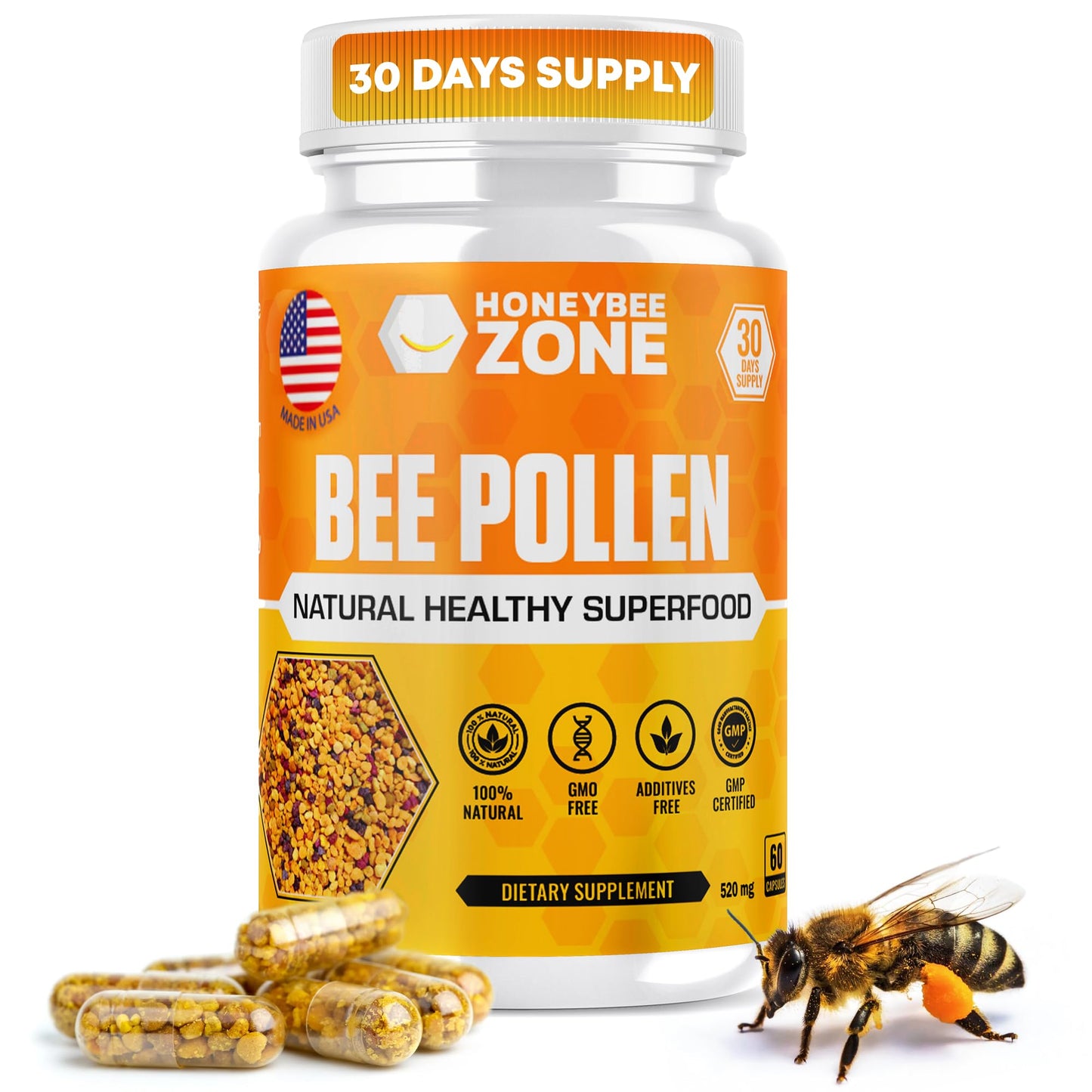 HONEYBEEZONE 100% Raw Bee Pollen Granules Capsules 60 Count