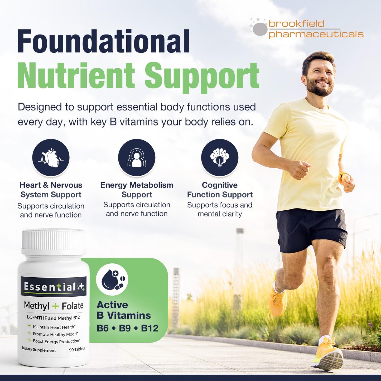 Brookfield Pharmaceuticals Pure L-Methylfolate Tablets with 5-MTHF, 1,360 mcg L-Methylfolate, B12 & Vitamin B6, 90 Tablets
