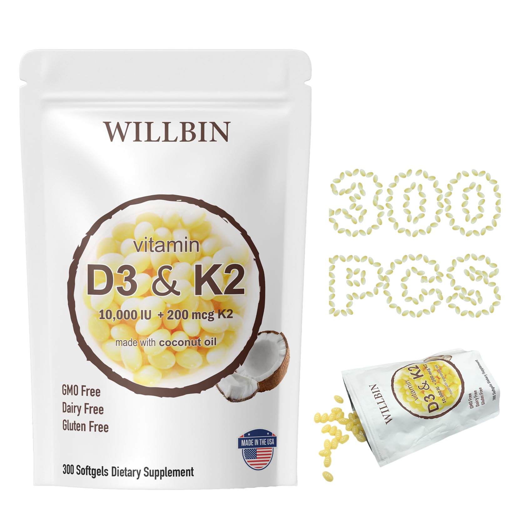 Willbin Vitamin D3 10000 IU Plus K2 (MK-7) 200 mcg Softgels, 300 Count