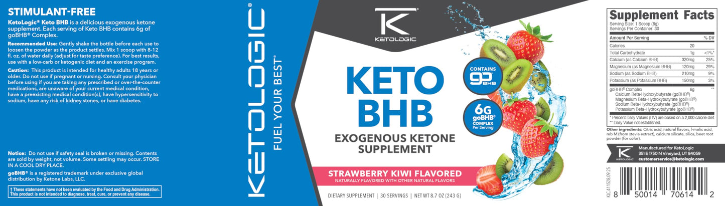 Ketologic Keto BHB Powder Strawberry Kiwi Flavor, 8.7 Ounce