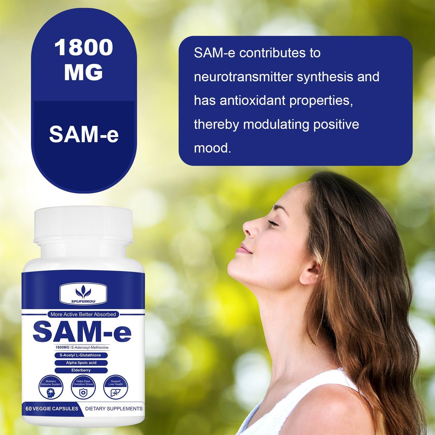 Spliferkou SAM-e 1800mg Supplement with Alpha Lipoic Acid, Turmeric, Elderberry & Jujube Extract, 180 Capsules