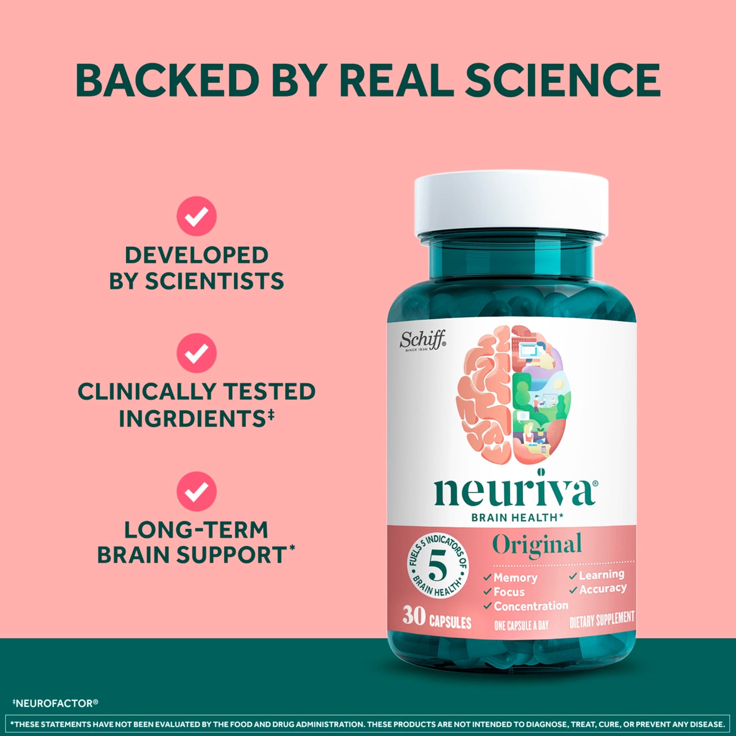NEURIVA Original Brain Supplements for Memory and Focus, Clinically Tested Nootropics Phosphatidylserine and Neurofactor, 30 Capsules