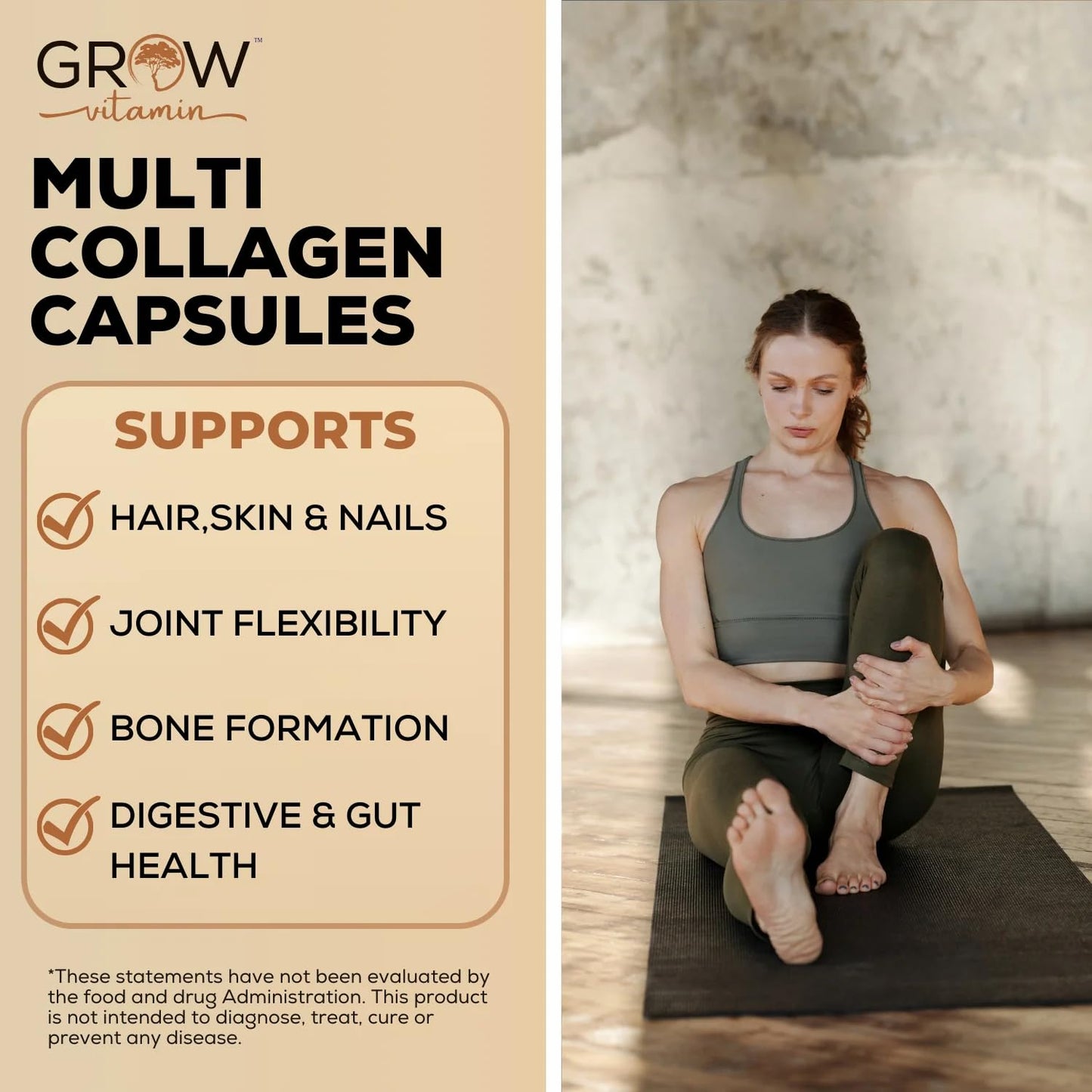 Grow Vitamin Multi Collagen Capsules 1800MG - Types I, II, III, V & X - Non-GMO Grass-Fed Collagen - Hair, Skin & Nails Support - 90 Capsules