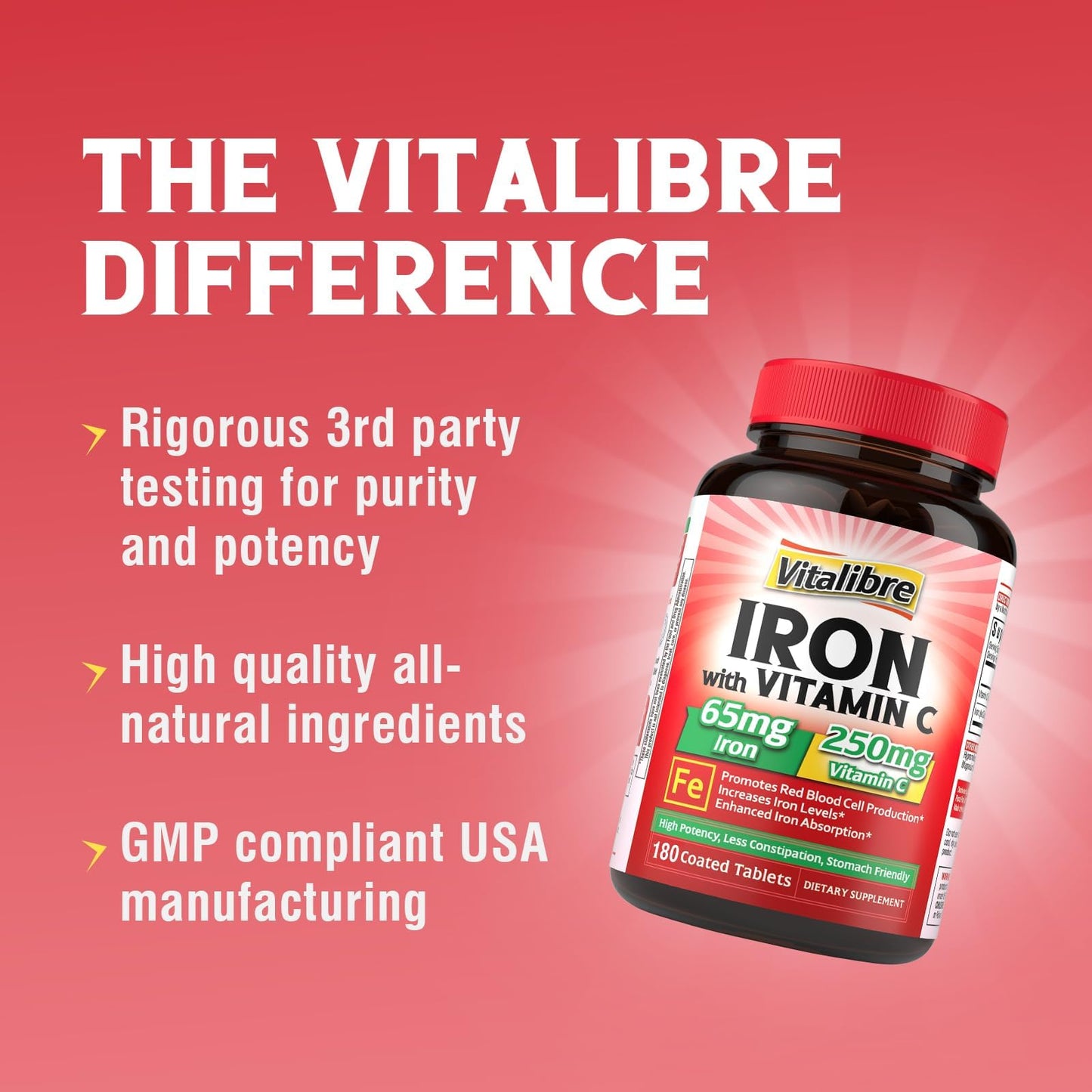 Vitalibre Iron Supplement Tablet 65mg Carbonyl Iron with 250mg Vitamin C, 180 Tablets