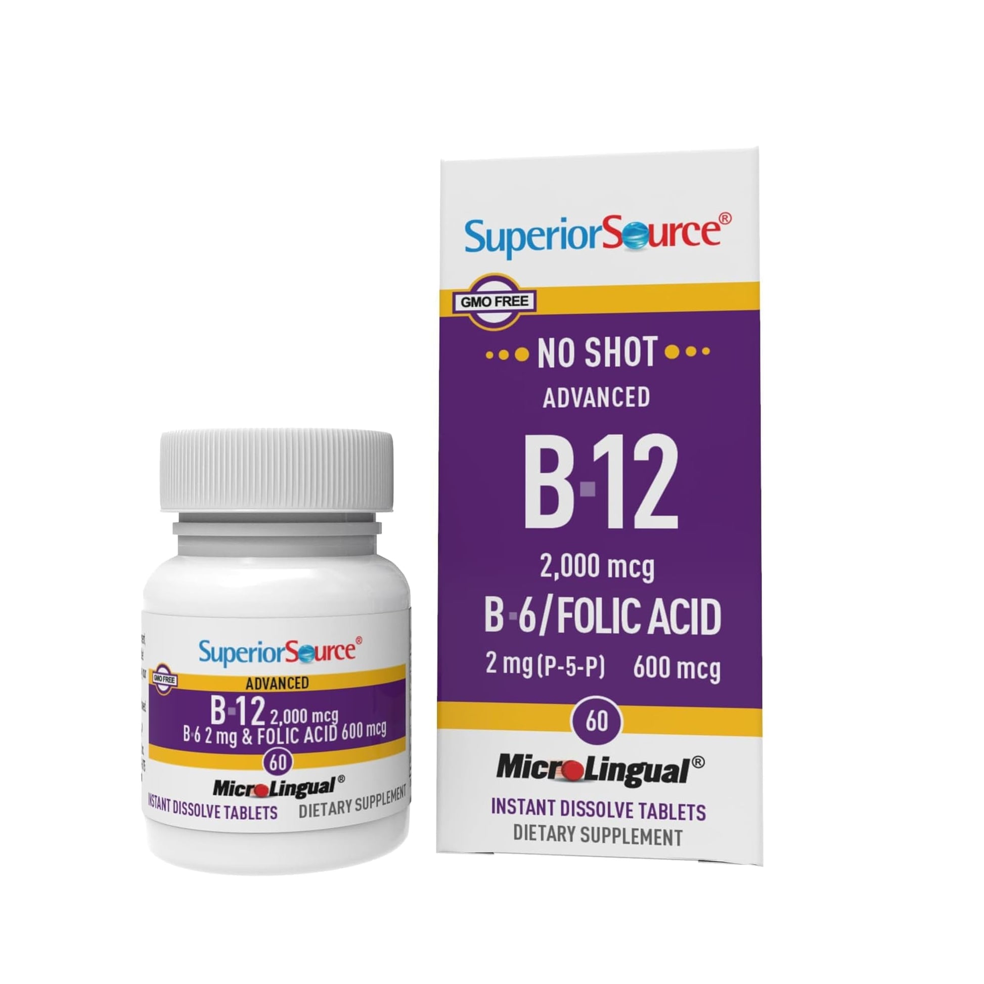 Superior Source NO Shot Advanced B-12 2,000 mcg B-6 / Folic Acid 600 mcg Tablets, 60 Count