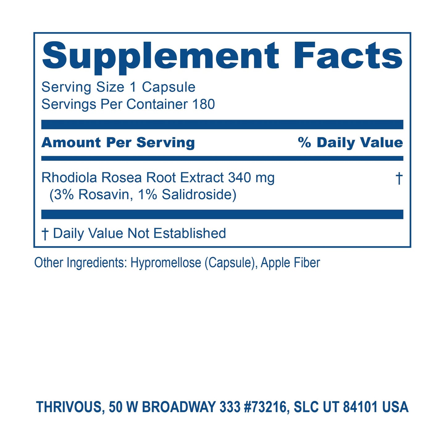 Thrivous Rhodiola Rosea Root Extract Dietary Supplement 340 mg, 180 Capsules
