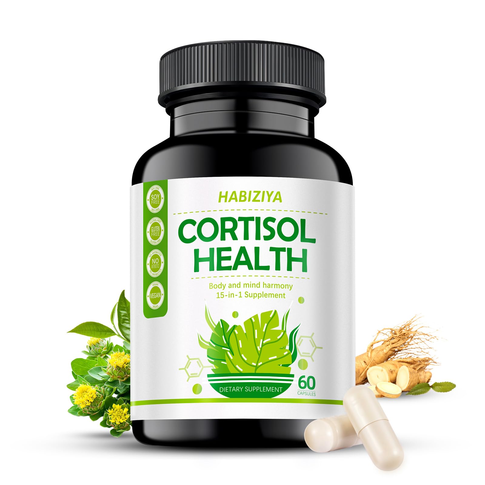 HABIZIYA Cortisol Support Supplement with Magnesium Glycinate, L-Theanine, Ashwagandha, Phosphatidylserine, Rhodiola Rosea, 15-in-1 Hormone Balance for Women and Men, Mood, Focus, Sleep Support, 60 Capsules