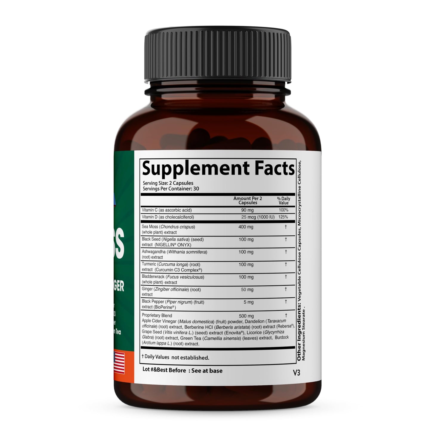 SANDHUHERBALS Sea Moss Black Seed Oil Ashwagandha Ginger Burdock Root Turmeric Black Pepper Capsules 180