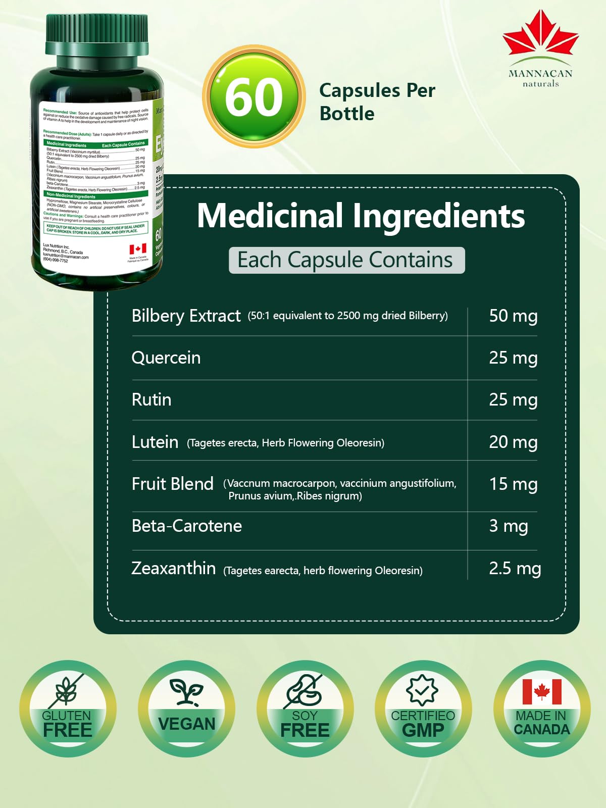 MANNACAN NATURALS Lutein 20mg & Zeaxanthin Eye Health Capsules, 60 Count