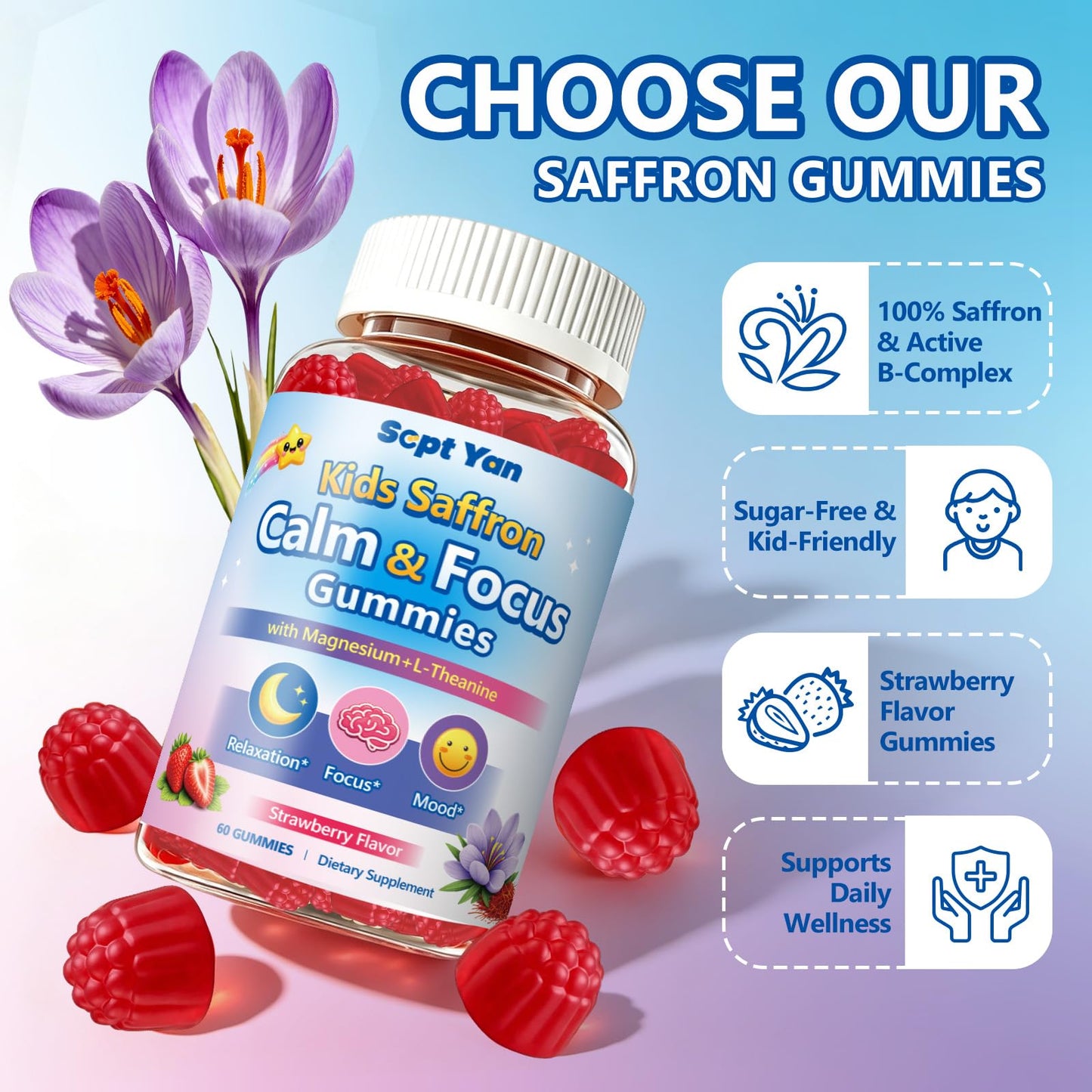 SEPT YAN Saffron Gummies for Kids with Magnesium L-Theanine, Vitamin D3, B6 & B12, Saffron – Focus & Mood Support, 60 Count