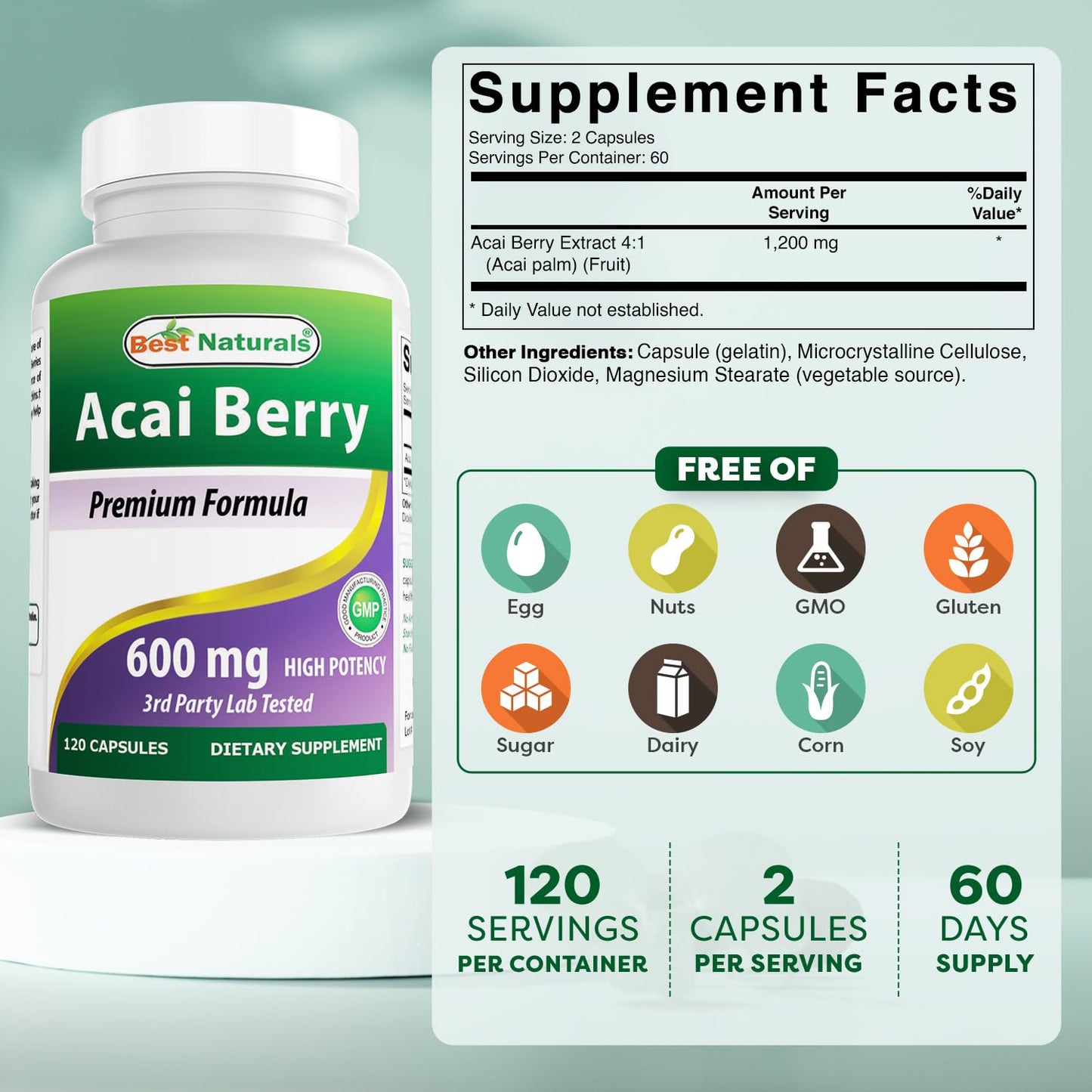 Best Naturals Acai Berry 600mg per Serving Capsules, 120 Count