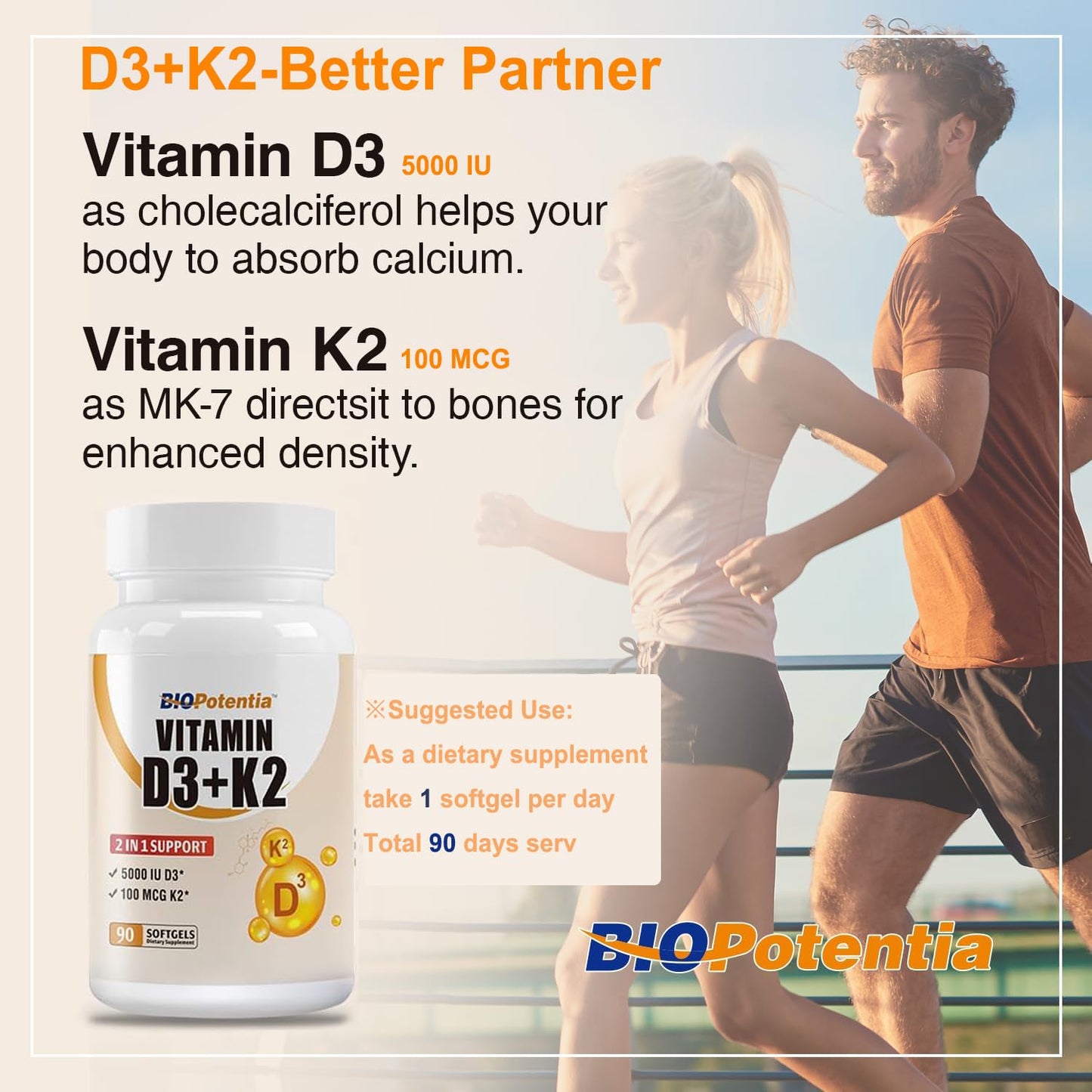 BIO POTENTIA Vitamin D3 K2 (MK7) Softgel Supplement with MCT Oil, 90 Softgels