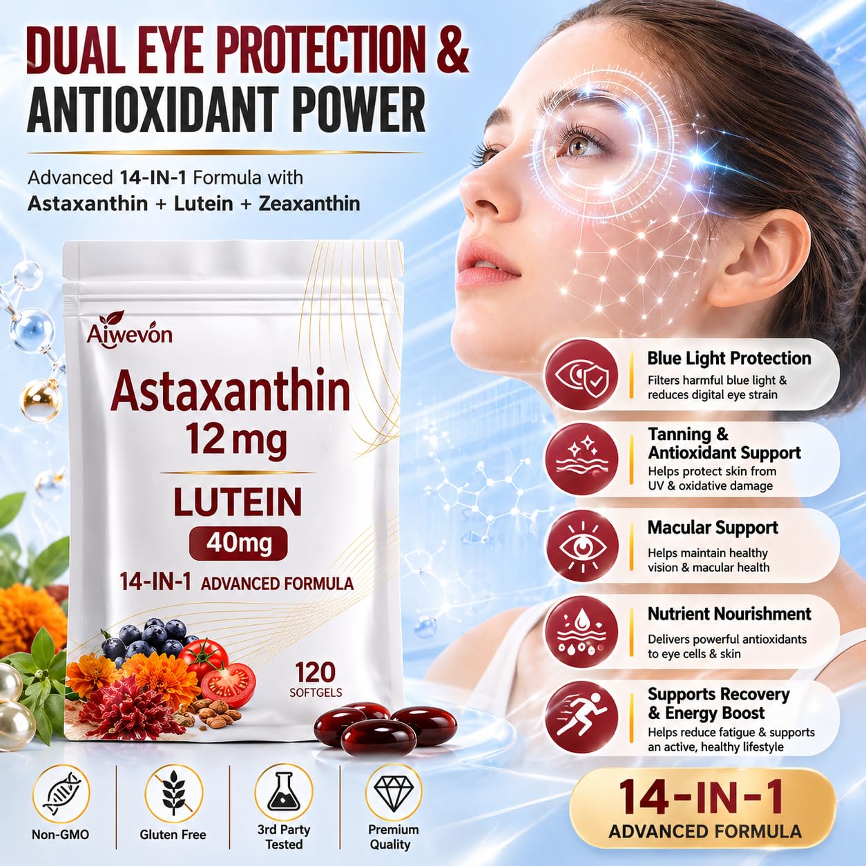 Aiwevon Astaxanthin 14-in-1 with Lutein & Zeaxanthin Softgels, 120 Softgels