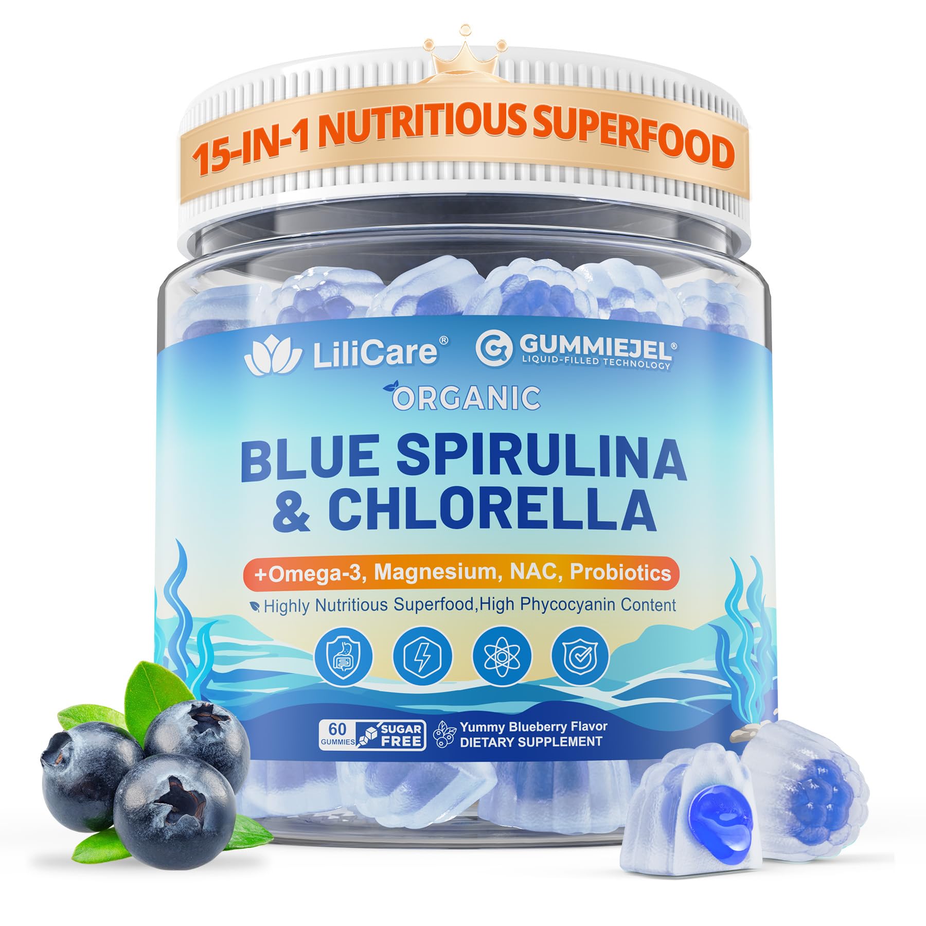 LILICARE Organic Blue Spirulina Chlorella Gummies, 60 Count