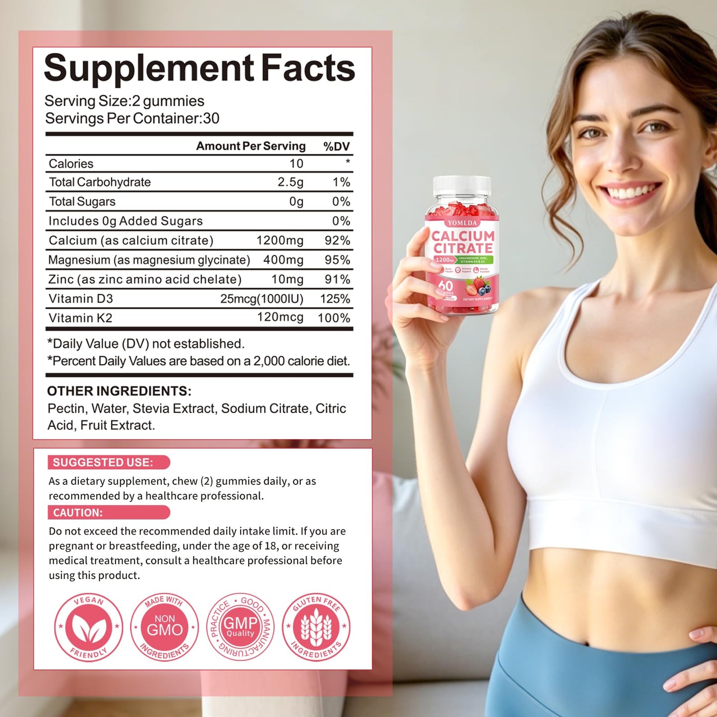 YOMLDA Calcium Citrate 1200 mg with Vitamin D3 & K2 Gummies, 120 Count