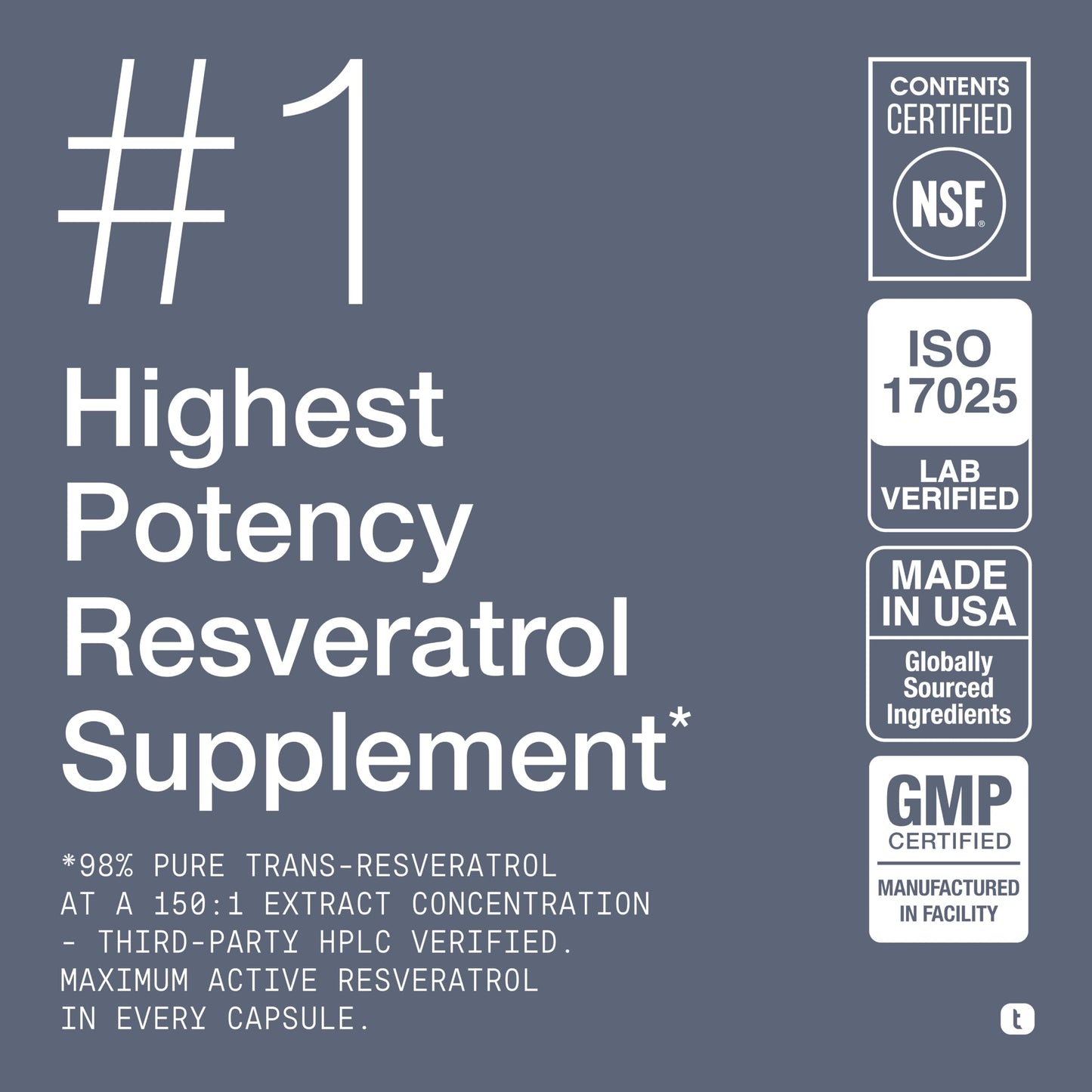 Toniiq NSF Certified Ultra High Purity Resveratrol Capsules 180 Count