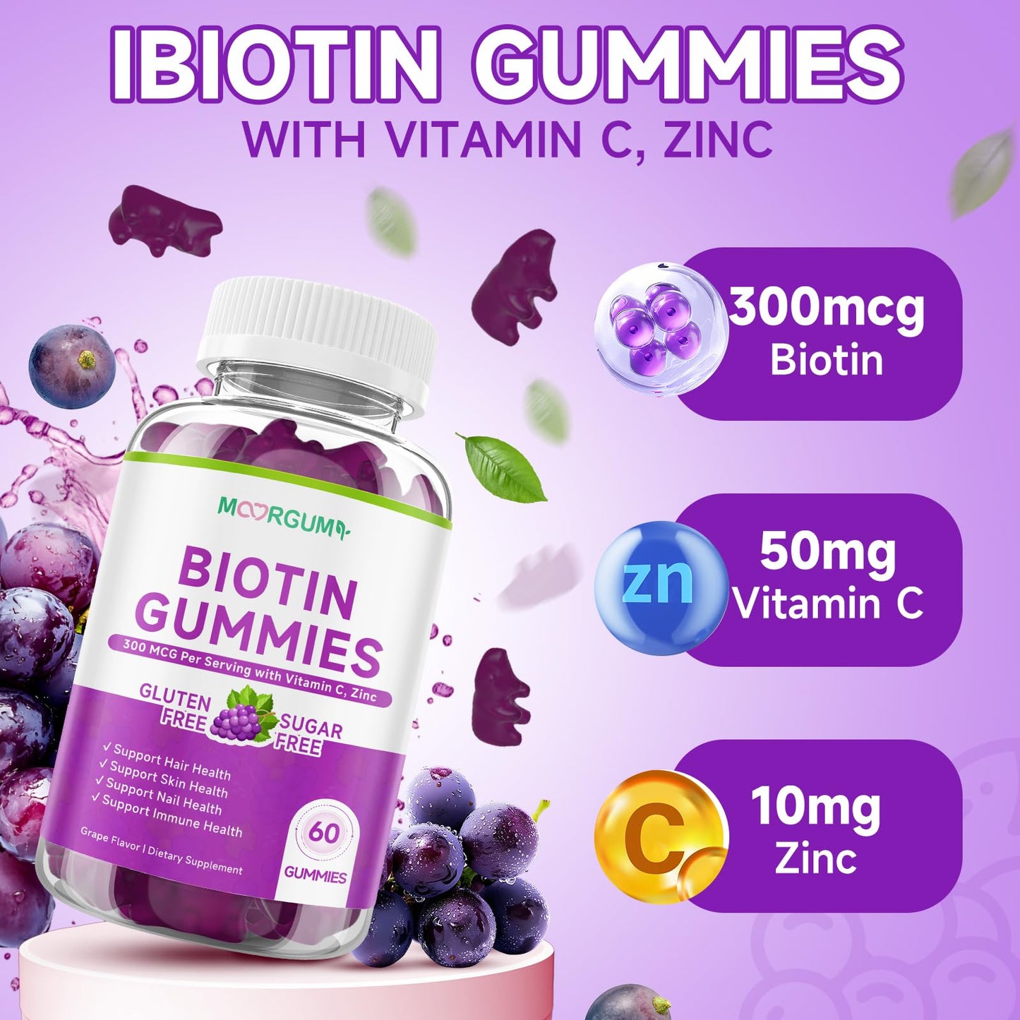 MOORGUMY Biotin Hair, Skin & Nails Gummies Sugar Free Grape Flavor, 60 Count