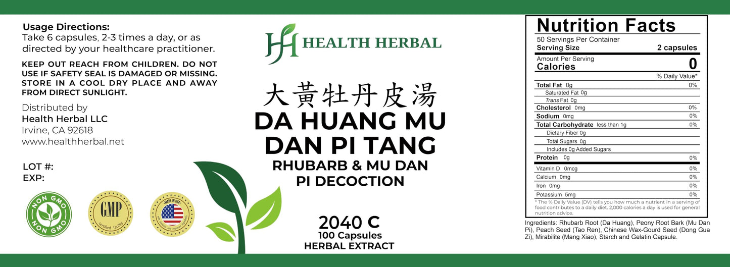 Health Herbal Da Huang Mu Dan Pi Tang/Rhubarb & Mu Dan Pi Decoction Capsules, 100 Capsules