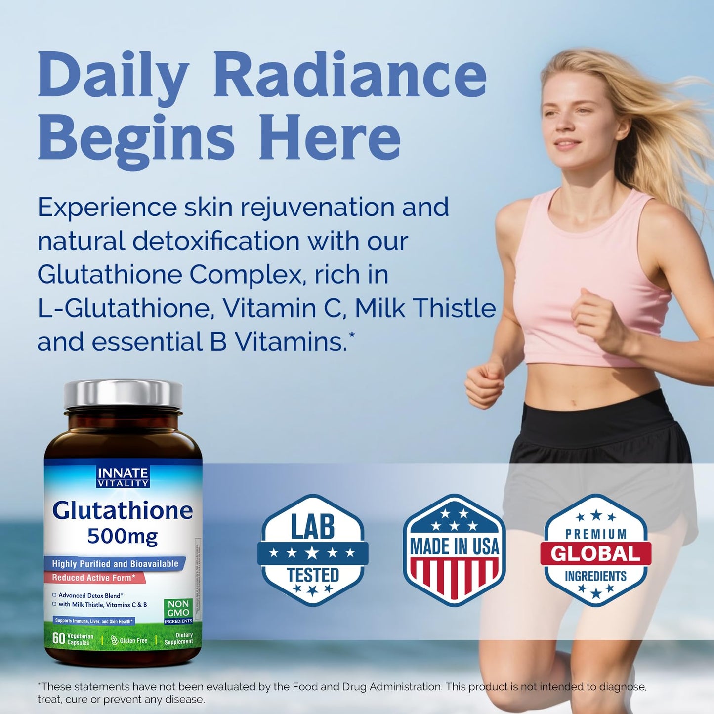 Innate Vitality Glutathione Supplement 500mg, Bioavailable Reduced Glutathione, with Milk Thistle, Vitamin C, B Complex, Immunity Defense, Liver, Antioxidant Support, 60 Capsules
