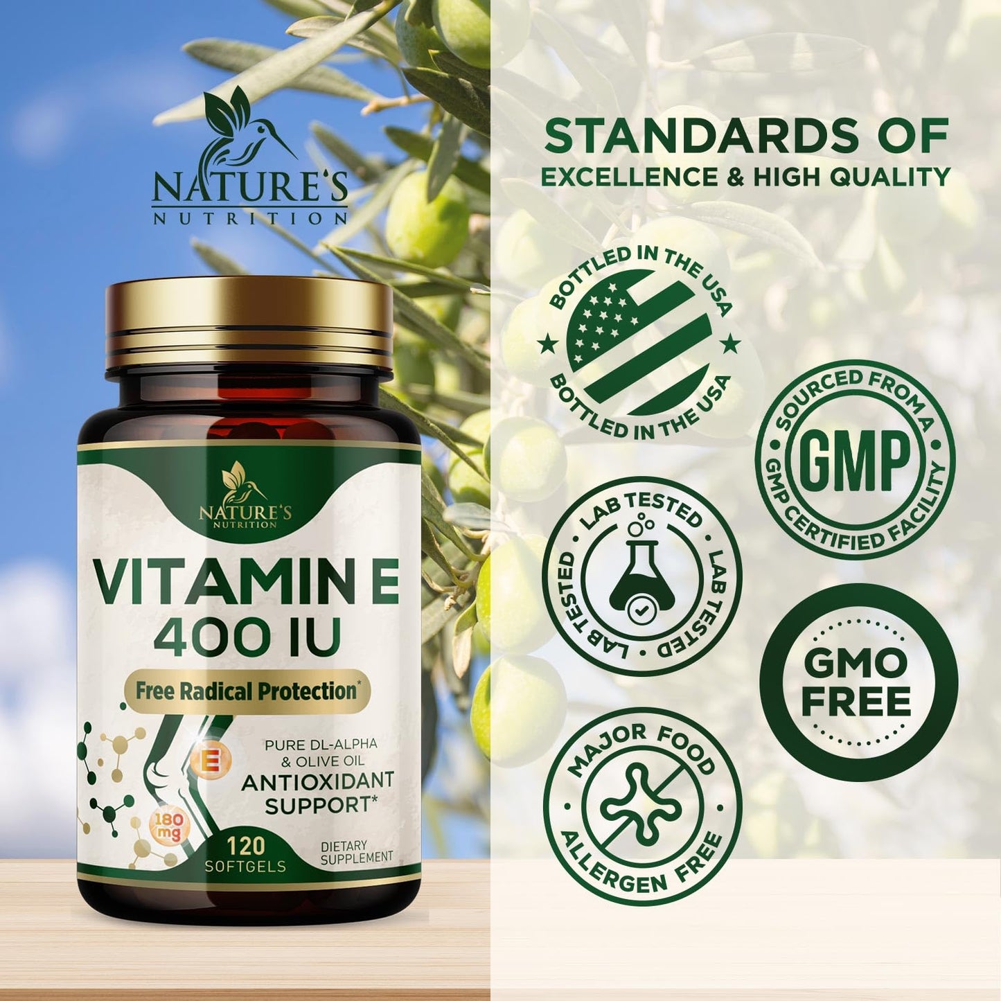 Nature's Nutrition Vitamin E 180mg DL-Alpha Softgels 120 Count