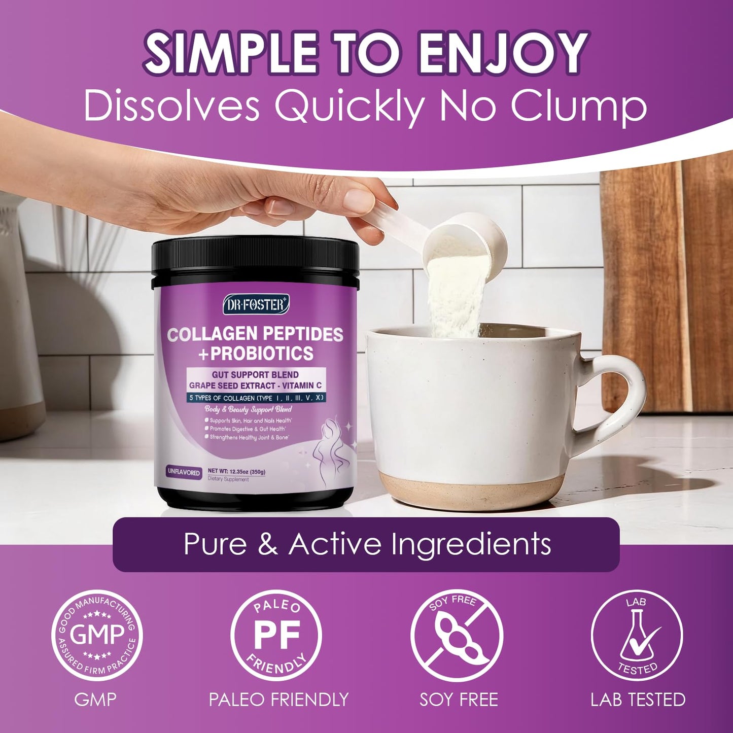 DRFOSTER Collagen Peptides Powder with Probiotics, 12.35 Ounce