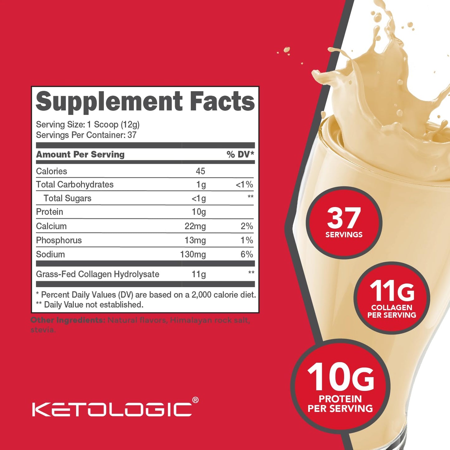Ketologic Grass Fed Collagen Hydrolysate Powder Vanilla, 16.2 oz