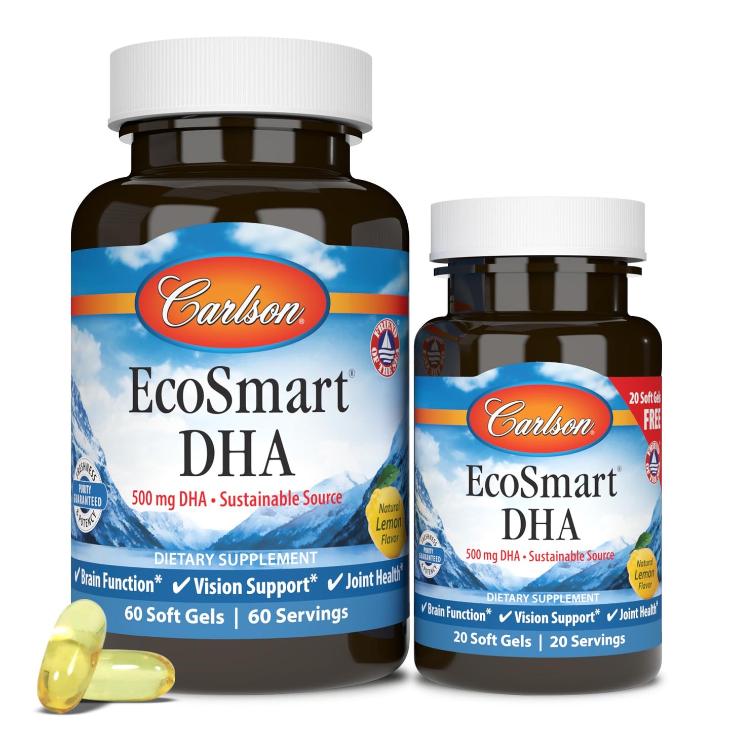 Carlson EcoSmart DHA 500 mg DHA, Healthy Vision & Brain Function, Lemon Softgels 80