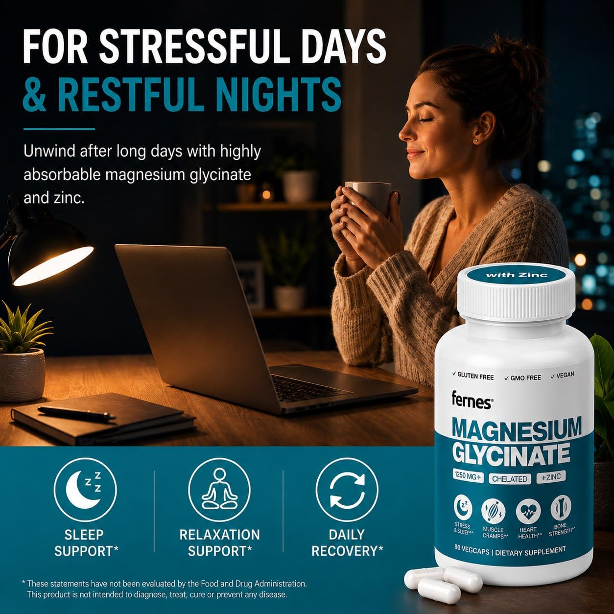 Fernes Magnesium Glycinate with Zinc, 275mg Elemental Magnesium + 8mg Zinc, 90 Capsules