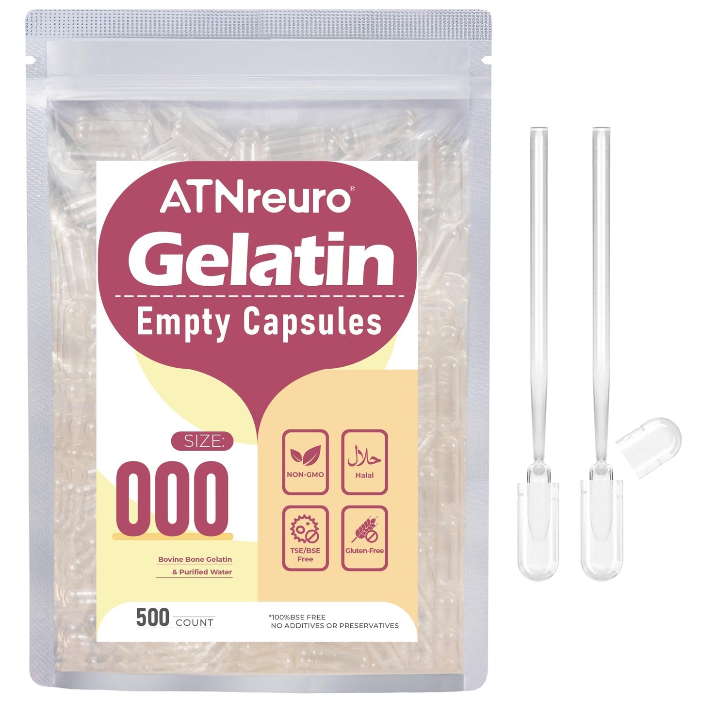 ATNreuro Size 000 Empty Gelatin Capsules, 500 Count