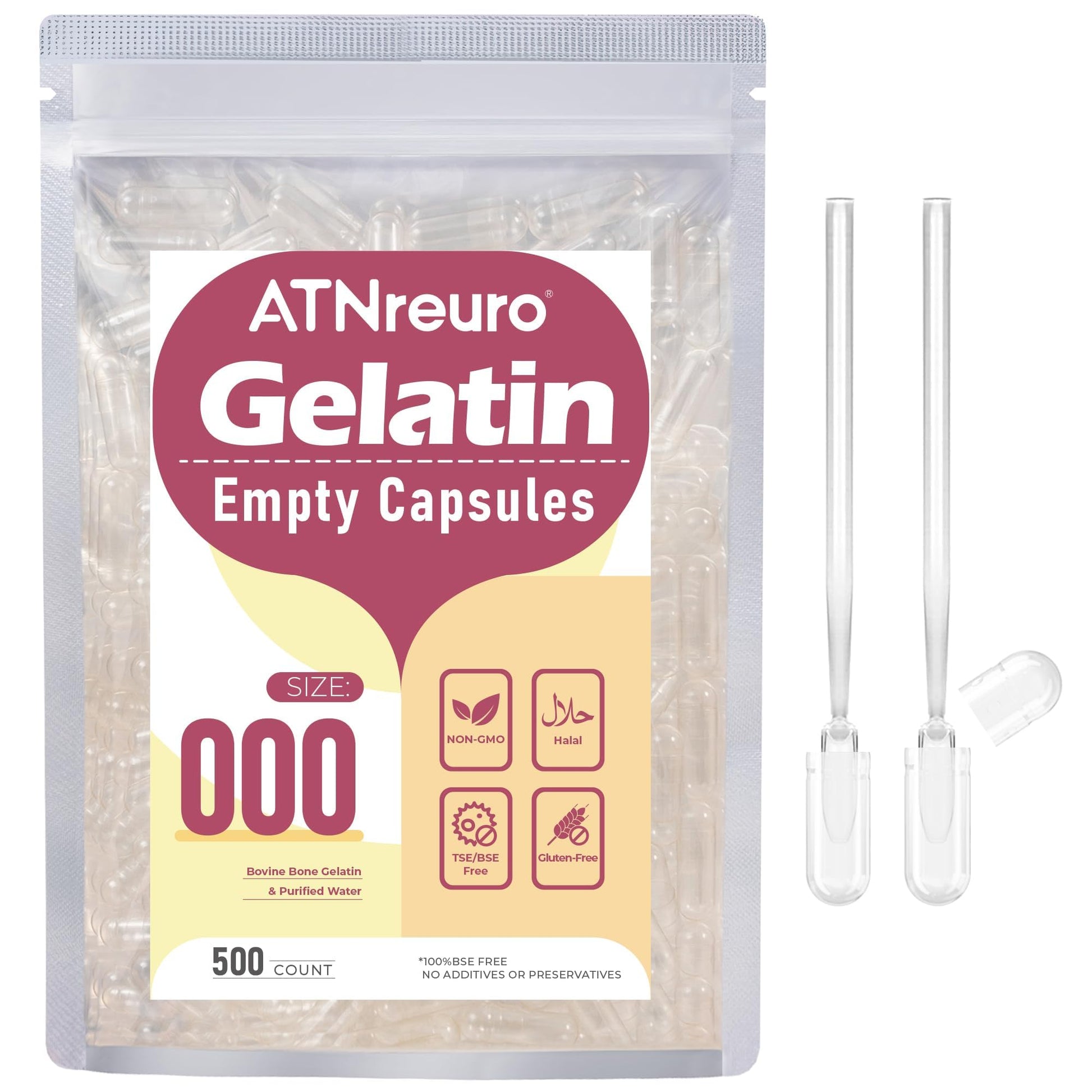 ATNreuro Size 000 Empty Gelatin Capsules, 500 Count