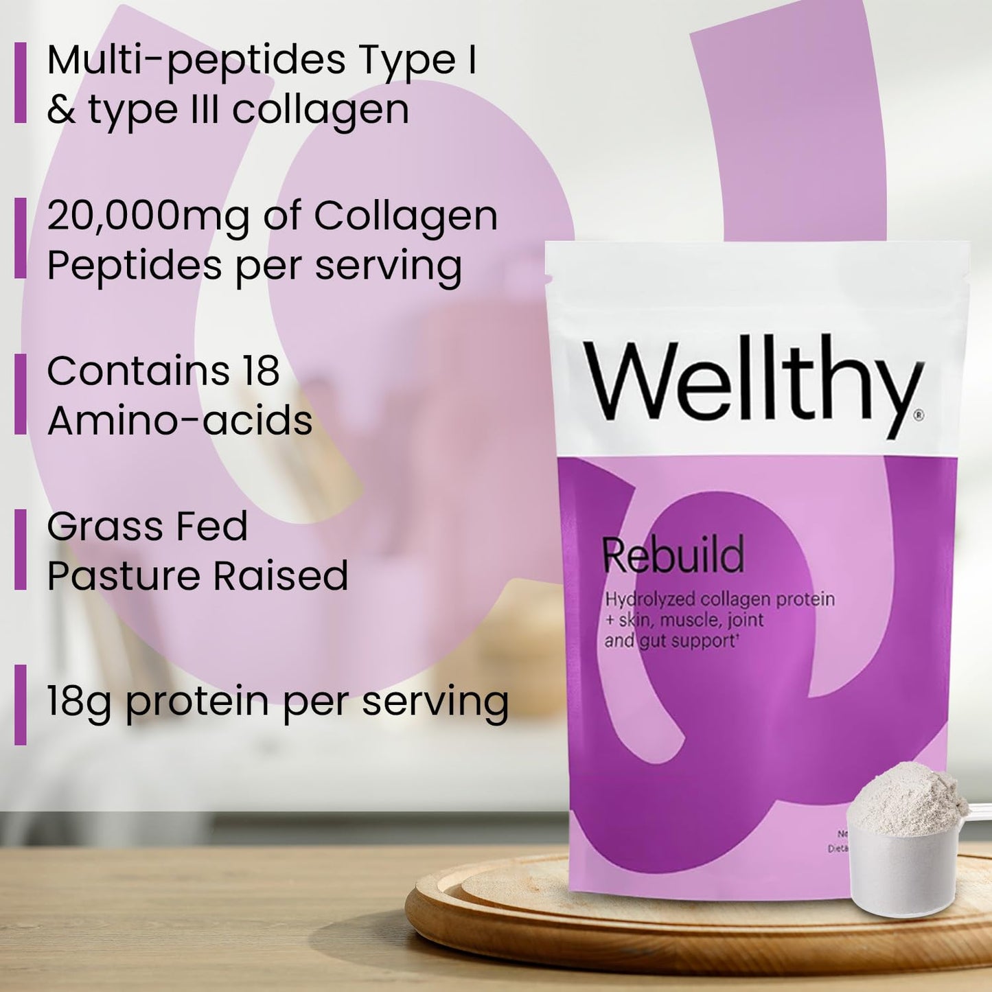 Wellthy Collagen Peptides Protein Powder, 10.58 oz, Unflavored