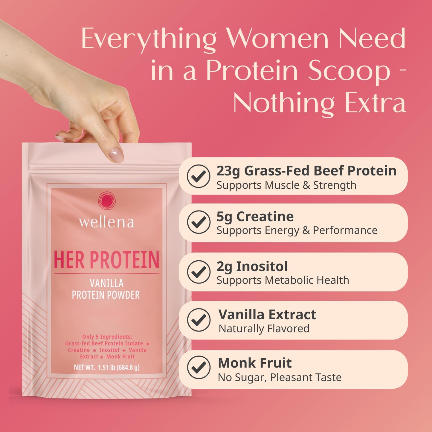 Wellena Her Protein 3-in-1 Whey-Free Beef Isolate Formula with Creatine & Inositol – Grass-Fed Protein Powder – Dairy & Pea Free – Women’s Daily Nutrition, 1.87 lb