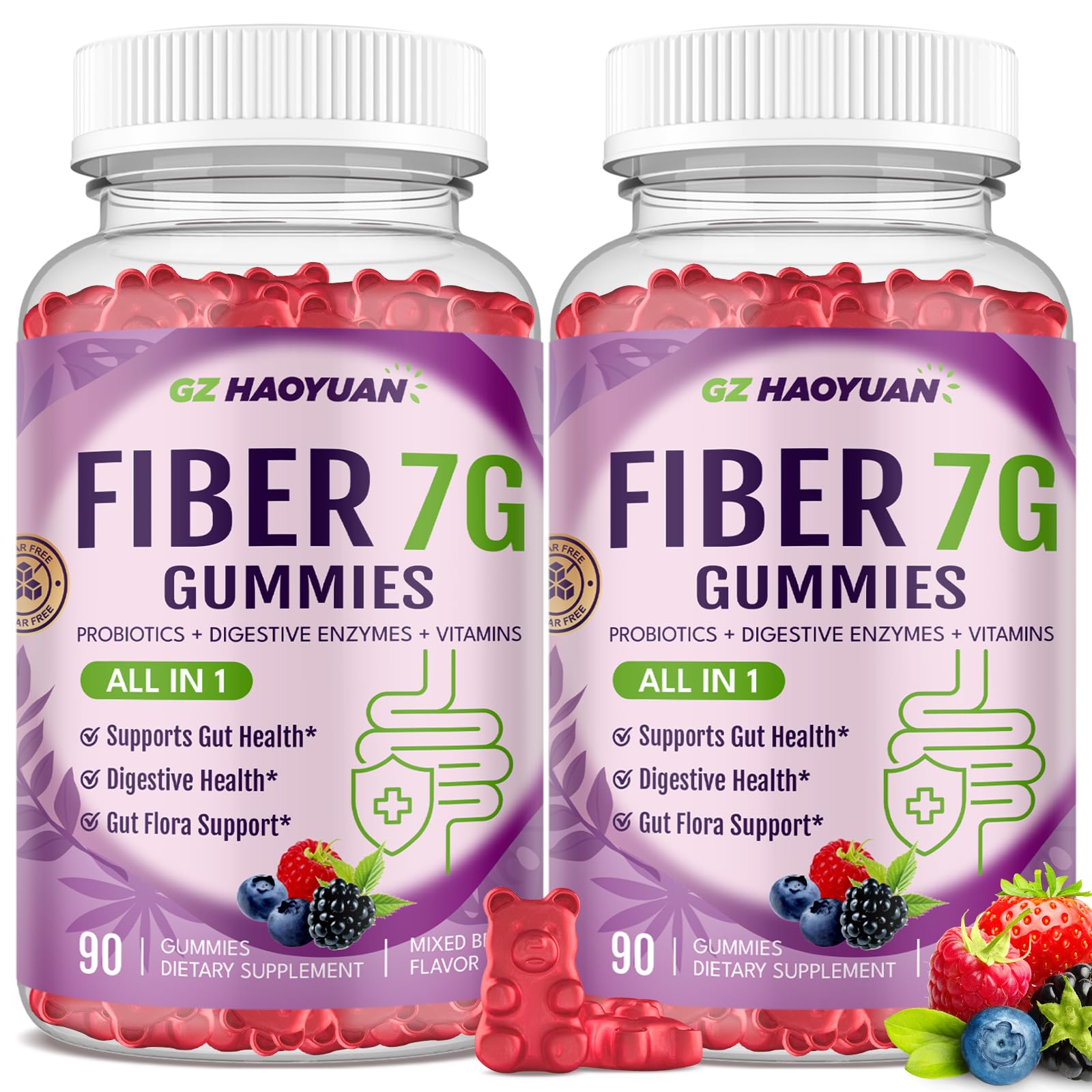GZ HAOYUAN Fiber Gummies for Adults - Sugar Free Fiber Supplement 17 in 1, Probiotic 60 Billion CFU & Prebiotic with Digestive Enzymes, Inulin, Psyllium, Gut & Digestive Health, 180 Count
